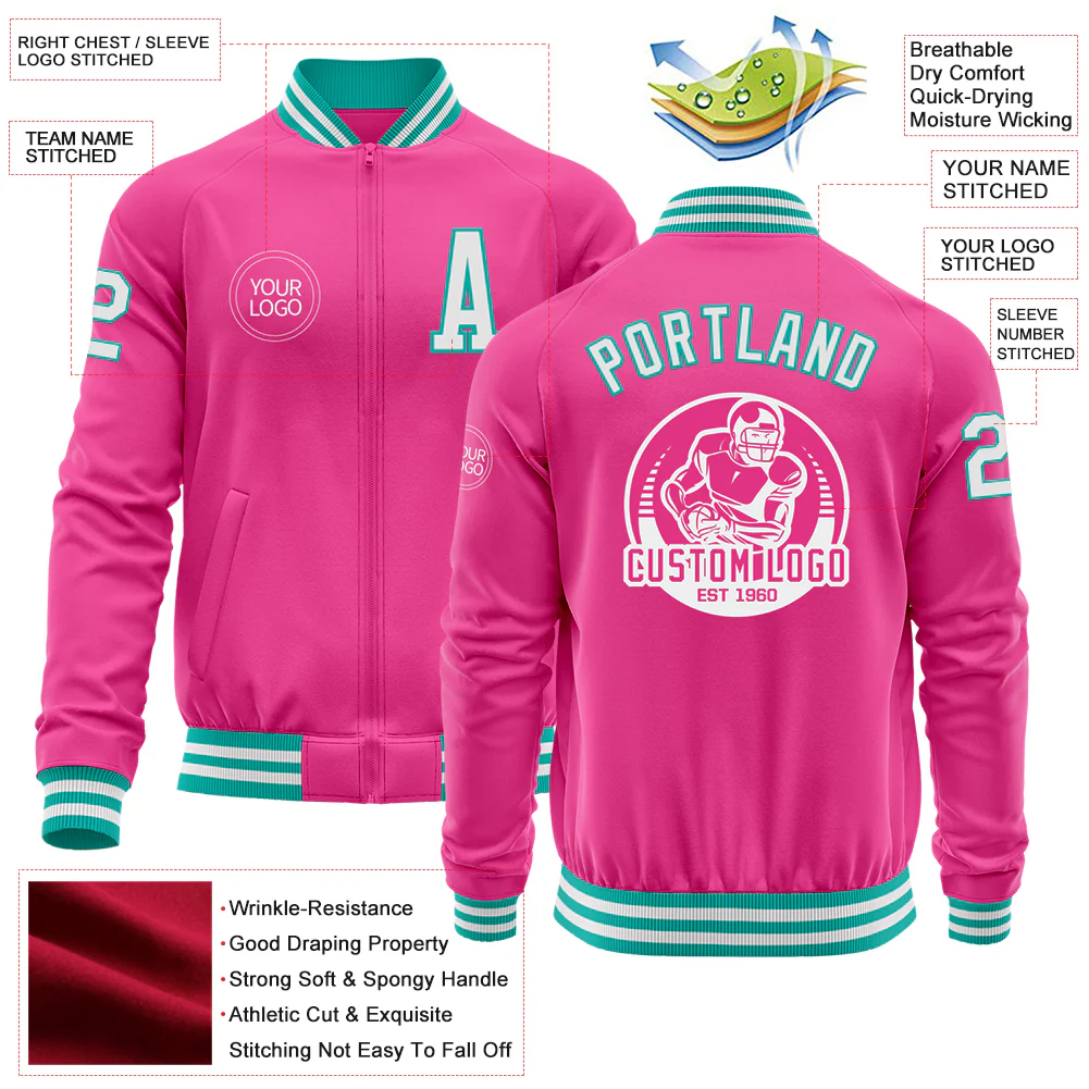 Custom Pink White-Aqua Bomber Varsity Letterman Zipper Jacket - Image 4