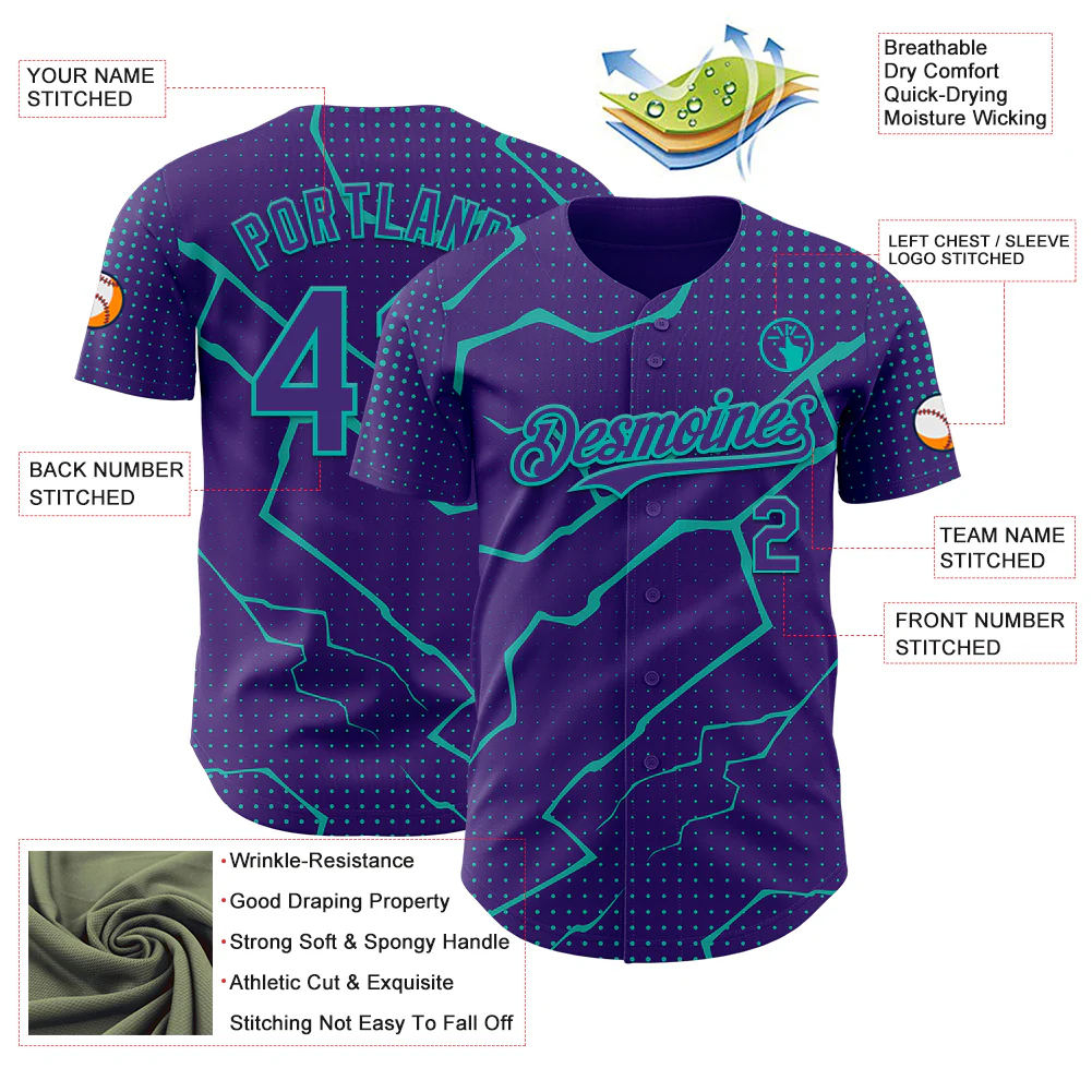 Custom Purple Aqua Lightning Polka Dot Authentic Baseball Jersey - Image 3