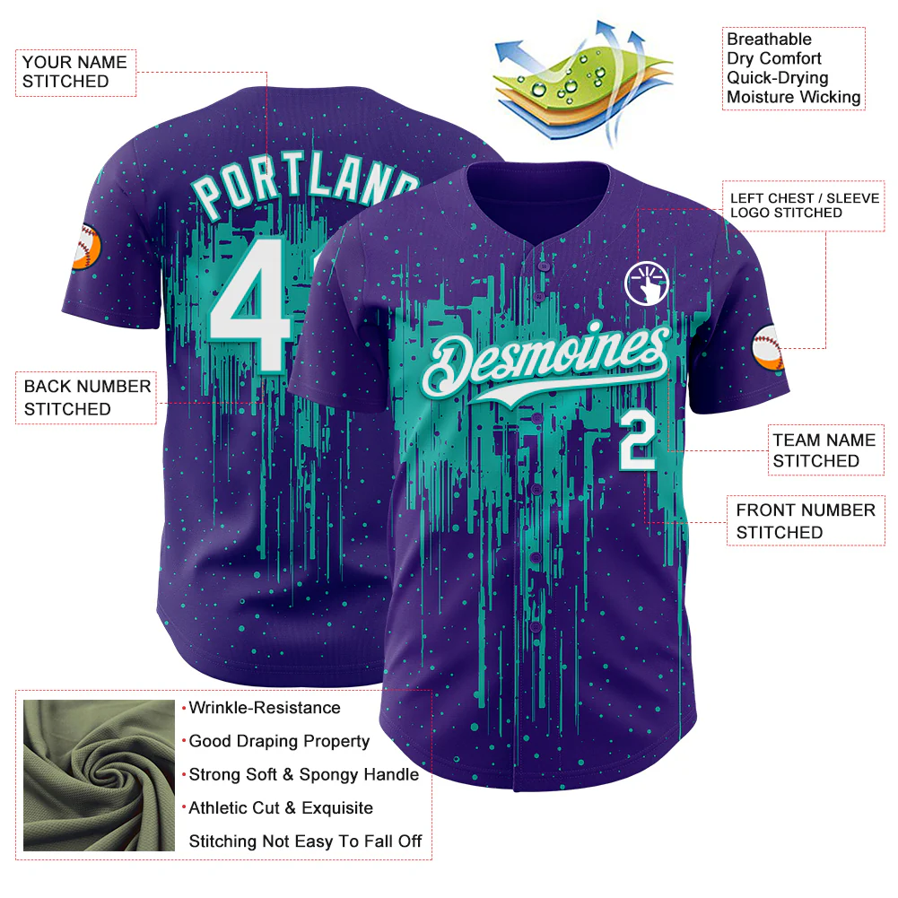 Custom Purple White-Aqua Dripping Splatter Paint Authentic Baseball Jersey - Image 3
