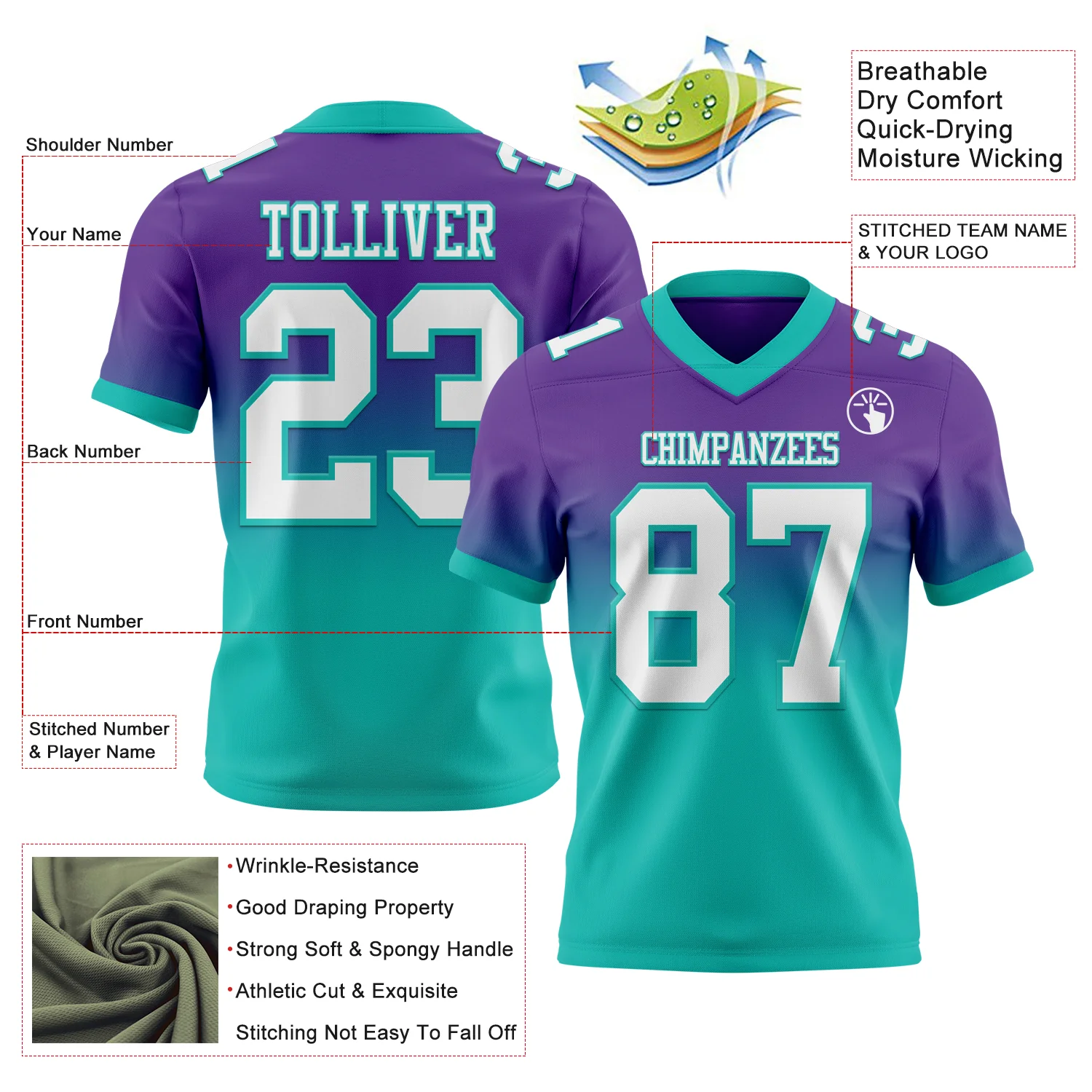 Custom Purple White-Aqua Authentic Fade Fashion Football Jersey - Image 2