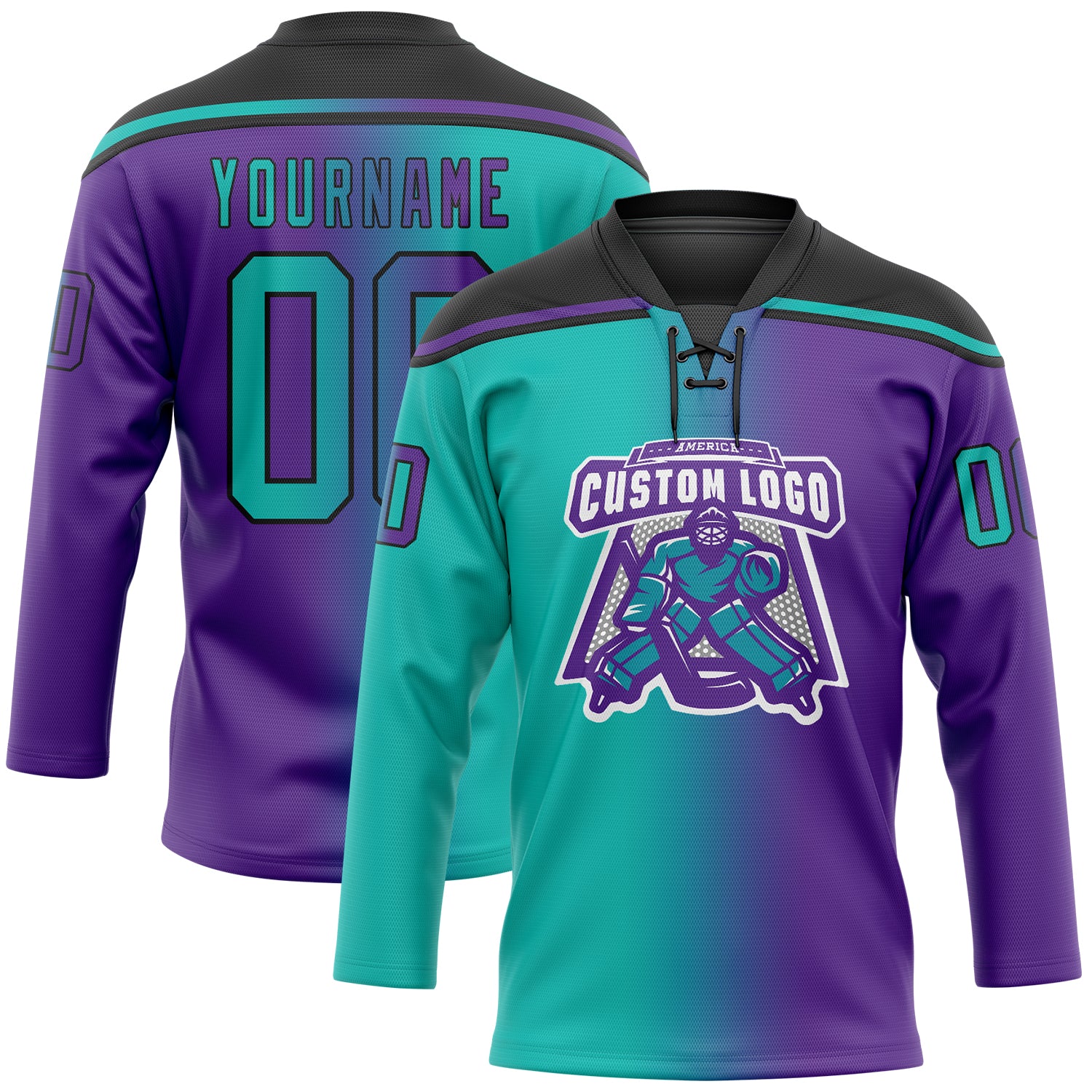Custom Purple Aqua-Black Gradient Fashion Hockey Lace Neck Jersey - Image 2
