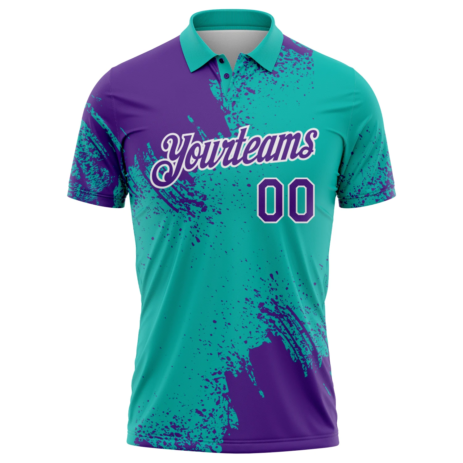 Custom Purple Aqua-White 3D Pattern Design Abstract Brush Stroke Performance Polo Shirt - Image 2