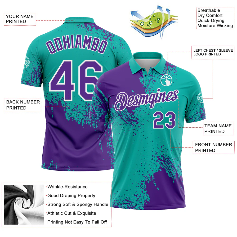 Custom Purple Aqua-White 3D Pattern Design Abstract Brush Stroke Performance Polo Shirt - Image 3