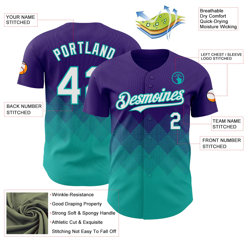Custom Purple White-Aqua 3D Gradient Square Shape Authentic Baseball Jersey - Image 3