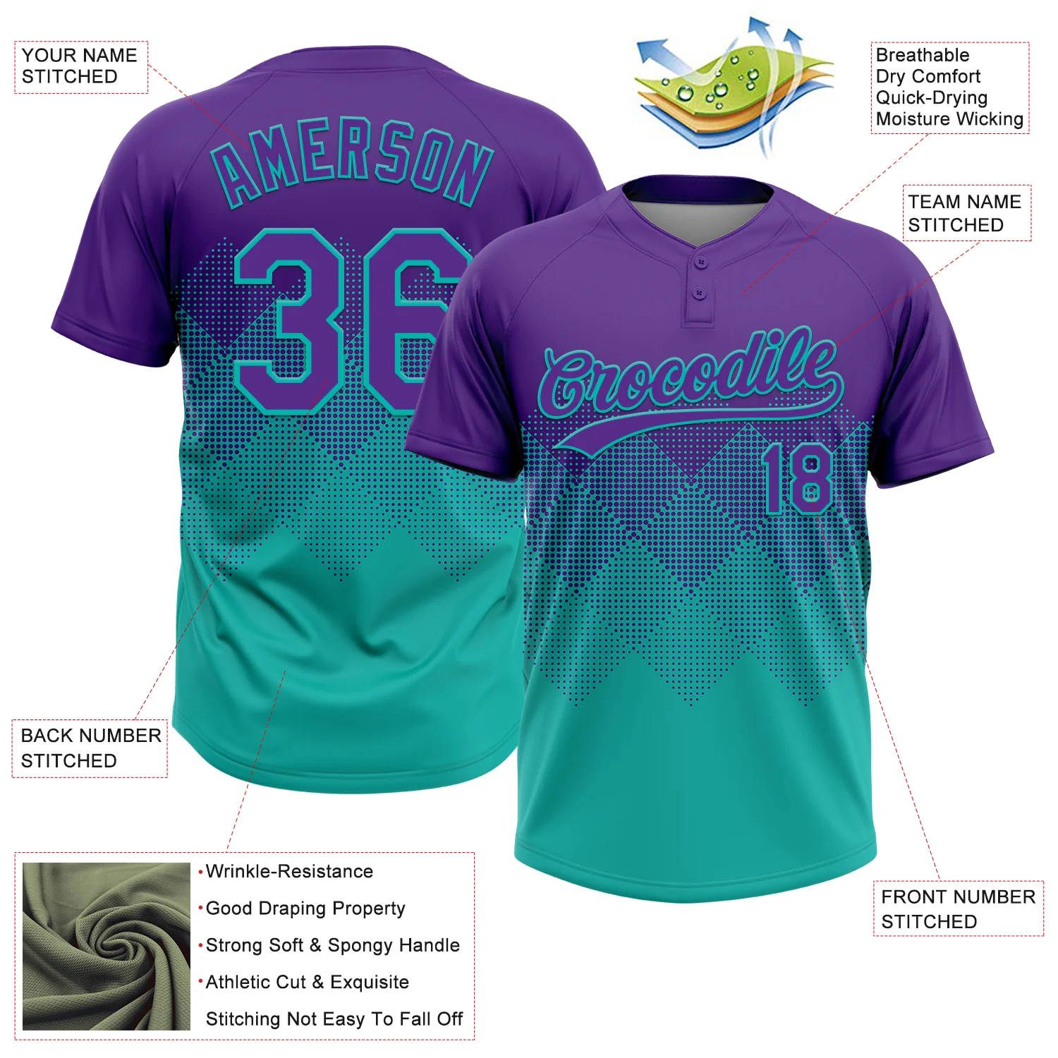 Custom Purple Aqua 3D Gradient Square Shape Two-Button Unisex Softball Jersey - Image 3