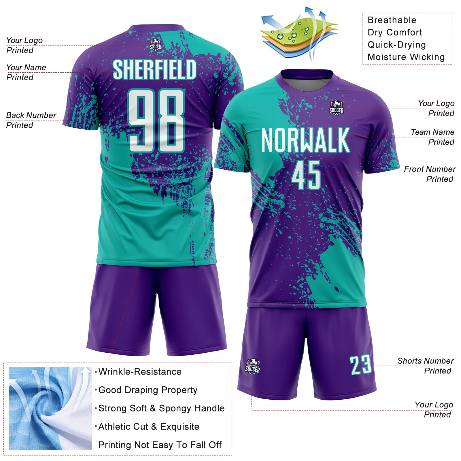 Custom Purple White-Aqua Abstract Brush Stroke Sports Sublimation Soccer Uniform Jersey - Image 4