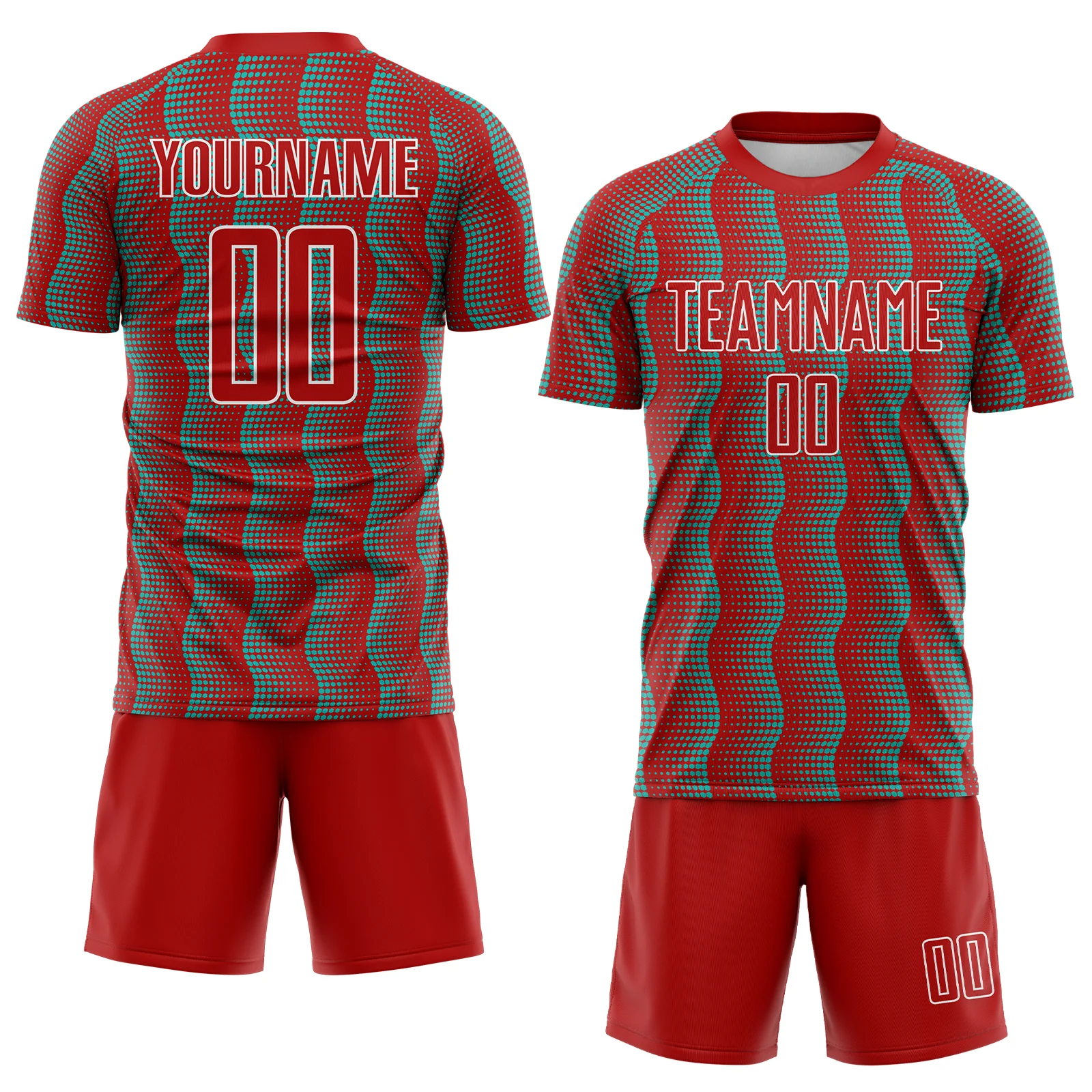 Custom Red Aqua-White Geometric Shape Sublimation Soccer Uniform Jersey - Image 2