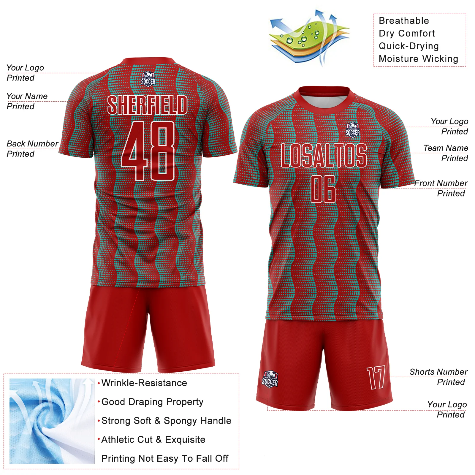 Custom Red Aqua-White Geometric Shape Sublimation Soccer Uniform Jersey - Image 4