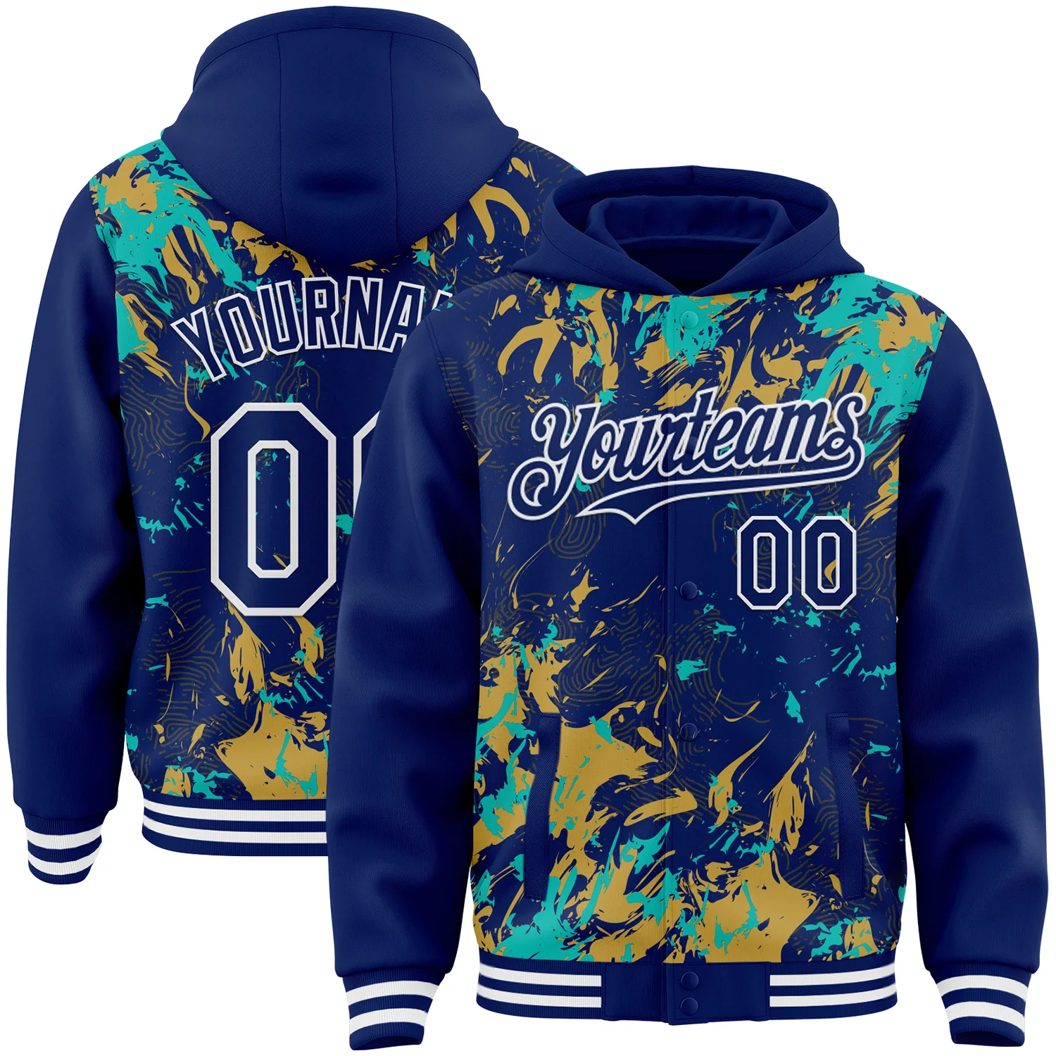Custom Royal Aqua Old Gold-White Splash Bomber Full-Snap Varsity Letterman Hoodie Jacket