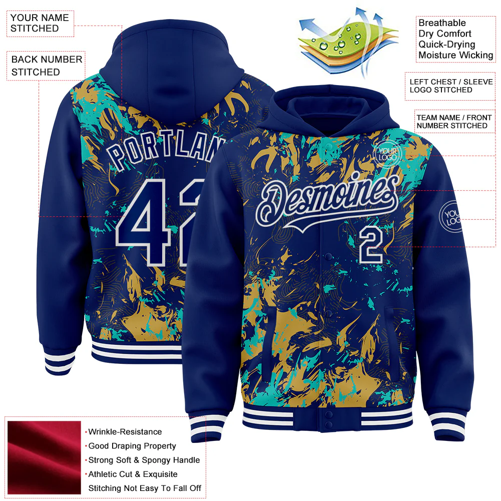Custom Royal Aqua Old Gold-White Splash Bomber Full-Snap Varsity Letterman Hoodie Jacket - Image 4