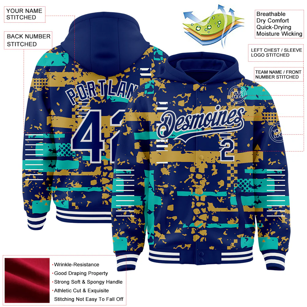 Custom Royal Aqua Old Gold-White Abstract Fragment Shape Bomber Full-Snap Varsity Letterman Hoodie Jacket - Image 4