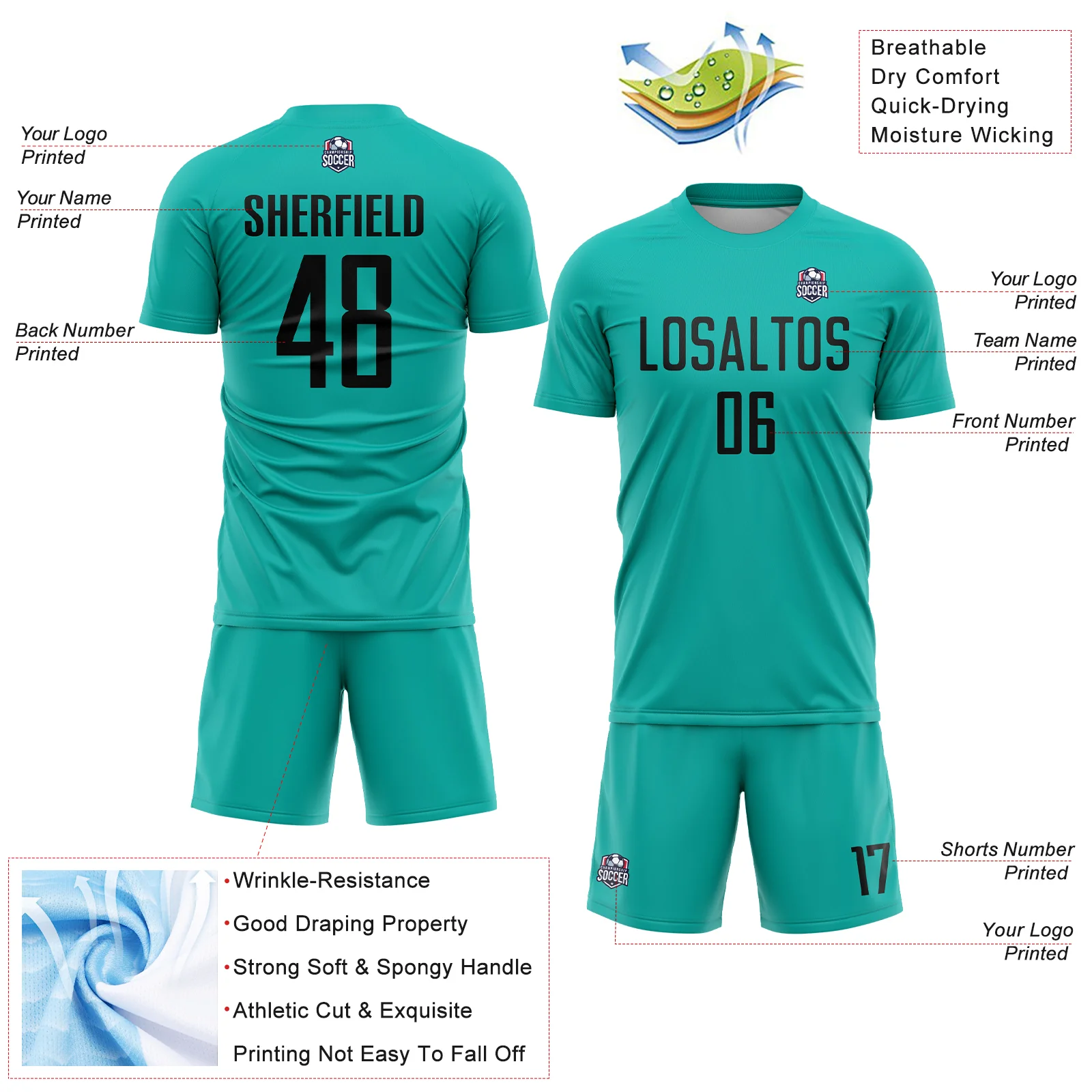 Custom Aqua Black Sublimation Soccer Uniform Jersey - Image 4