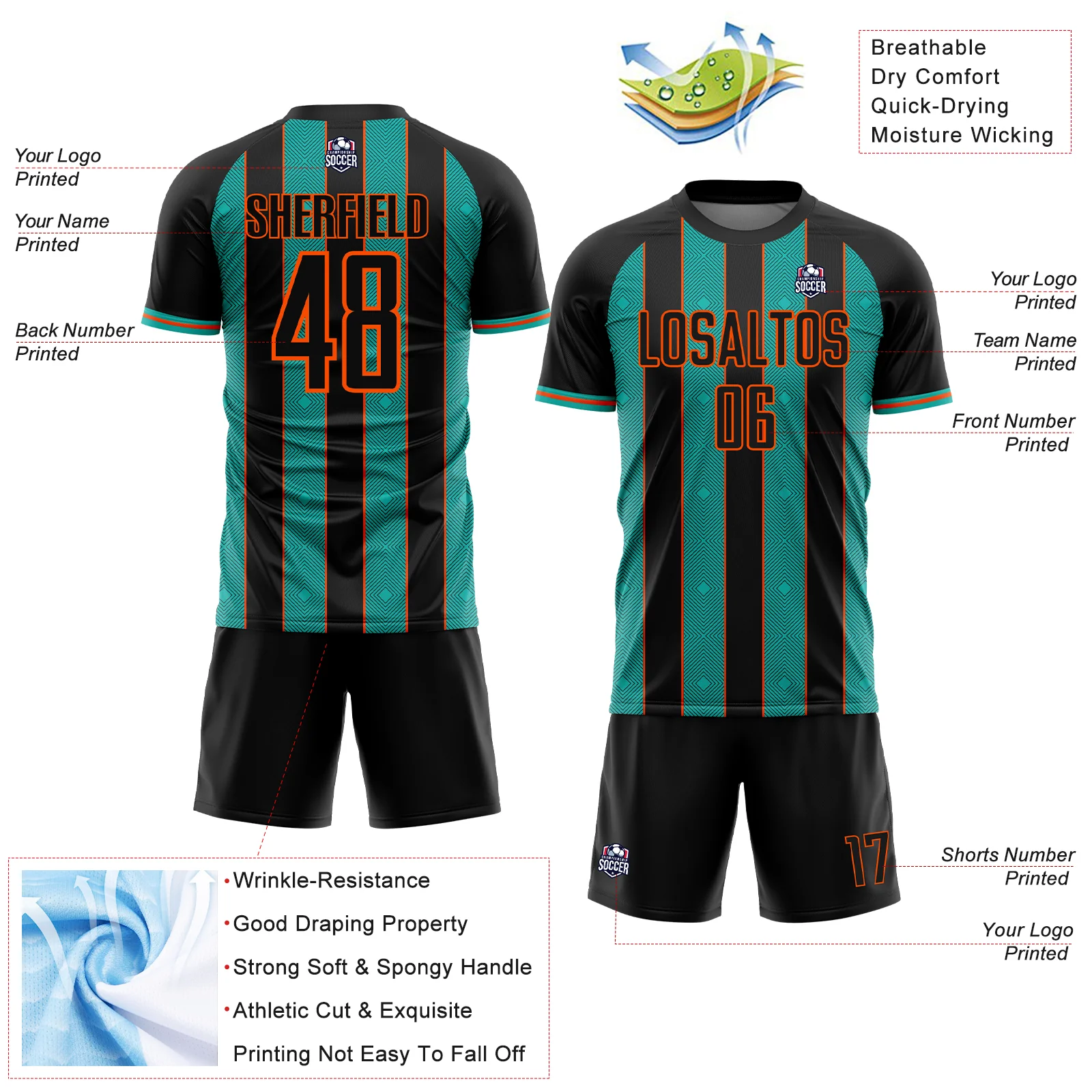 Custom Black Aqua-Orange Pinstripe Line Sports Sublimation Soccer Uniform Jersey - Image 4