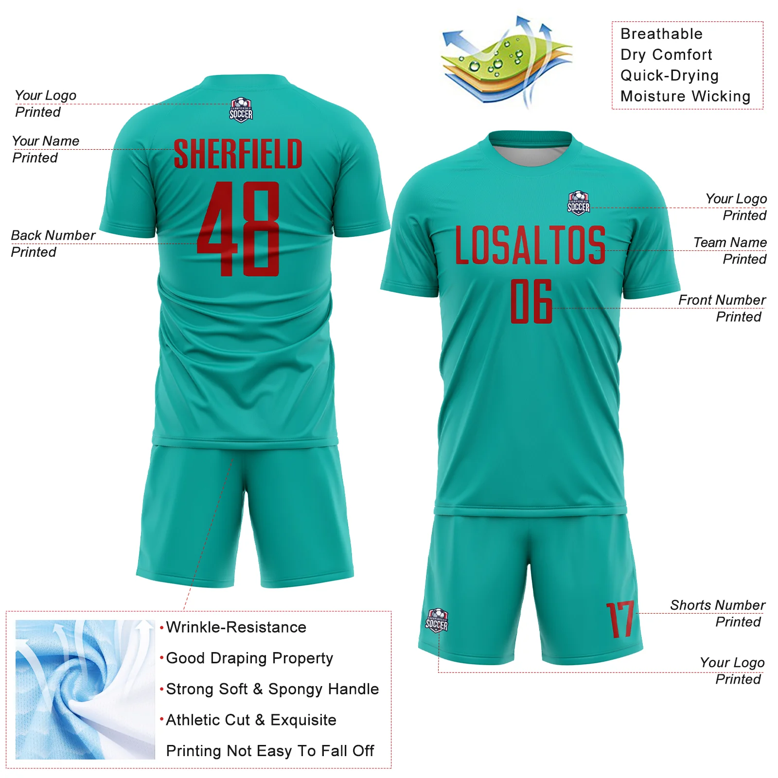 Custom Aqua Red Sublimation Soccer Uniform Jersey - Image 4