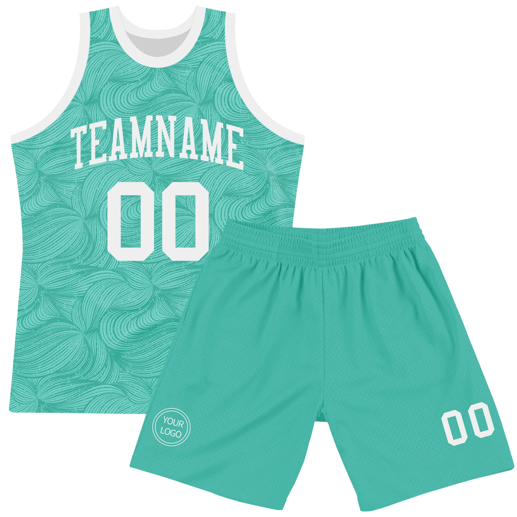 Custom Aqua White Fluid Art Round Neck Sublimation Basketball Suit Jersey - Image 2