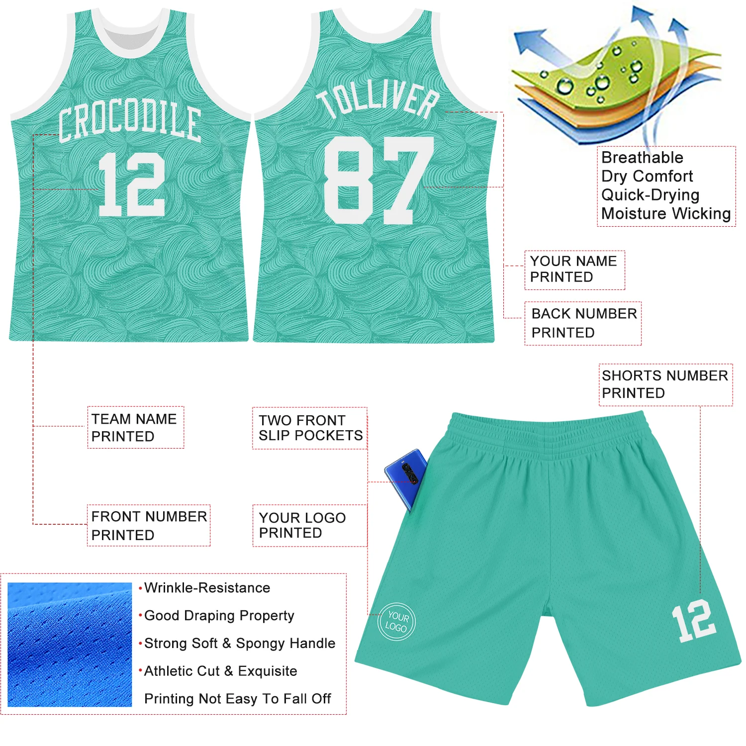 Custom Aqua White Fluid Art Round Neck Sublimation Basketball Suit Jersey - Image 3