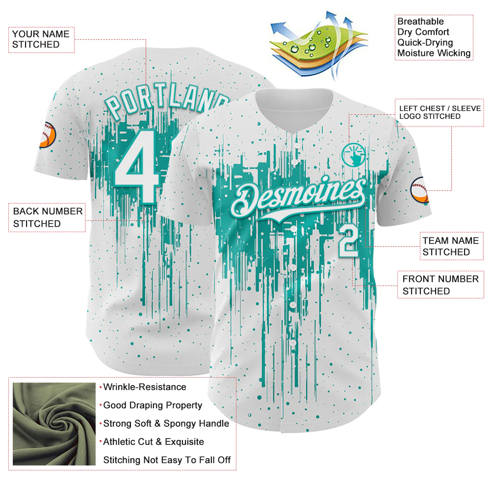 Custom White Aqua Dripping Splatter Paint Authentic Baseball Jersey - Image 3