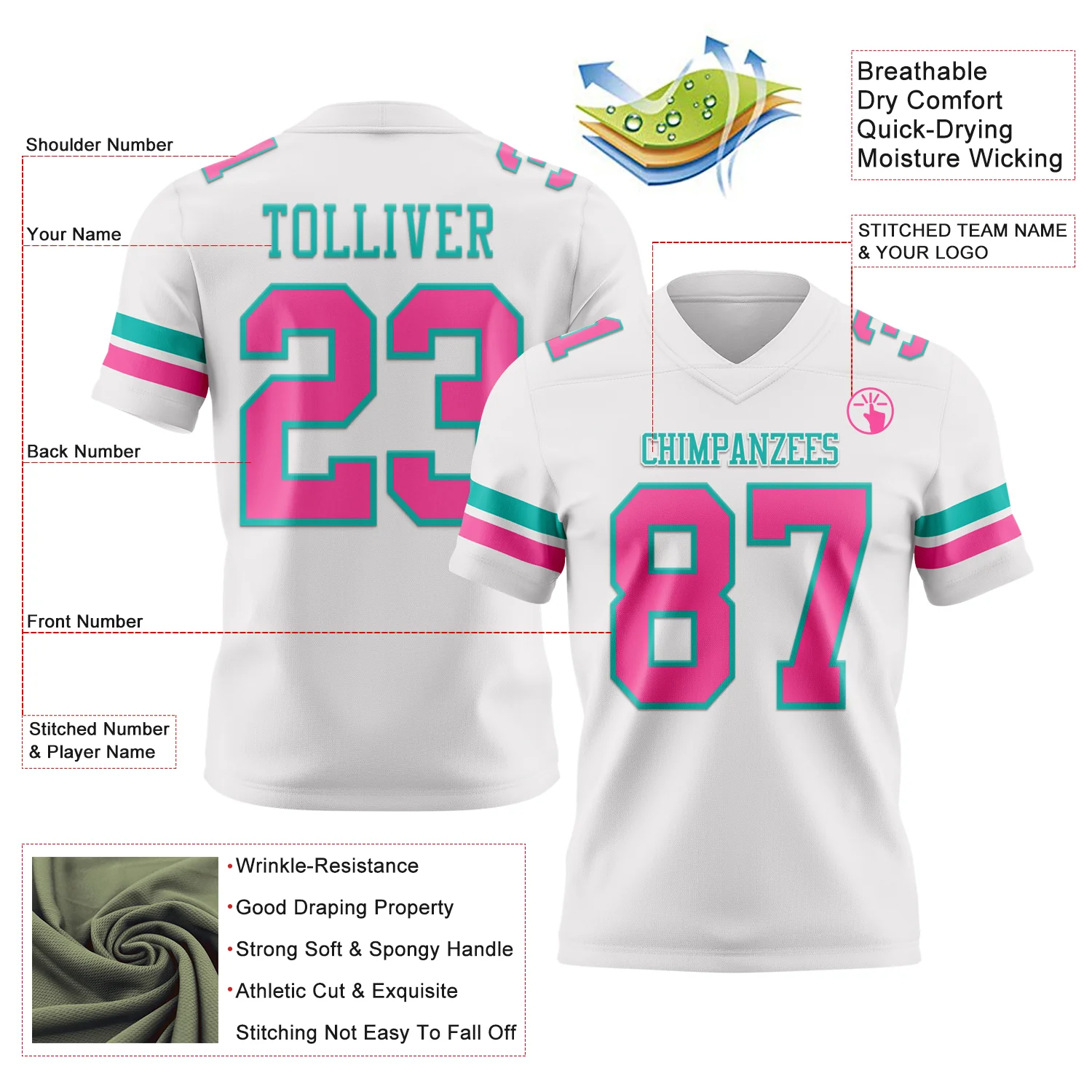 Custom White Pink-Aqua Authentic Football Jersey - Image 3