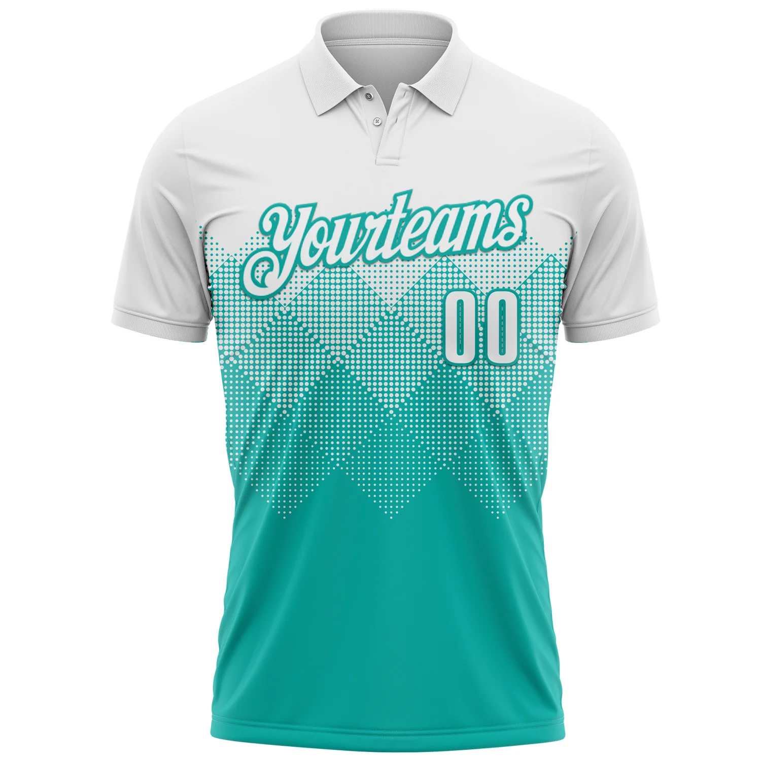 Custom White Aqua 3D Pattern Design Gradient Square Shape Performance Polo Shirt - Image 2