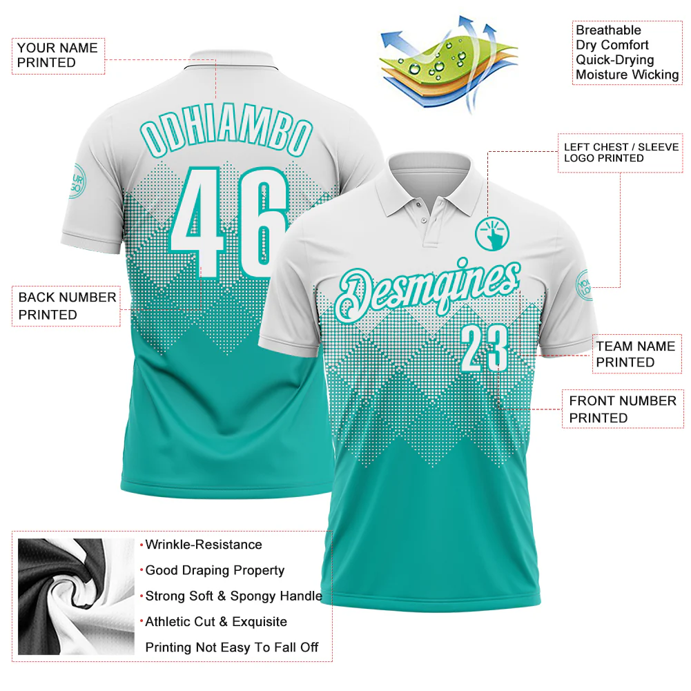 Custom White Aqua 3D Pattern Design Gradient Square Shape Performance Polo Shirt - Image 3