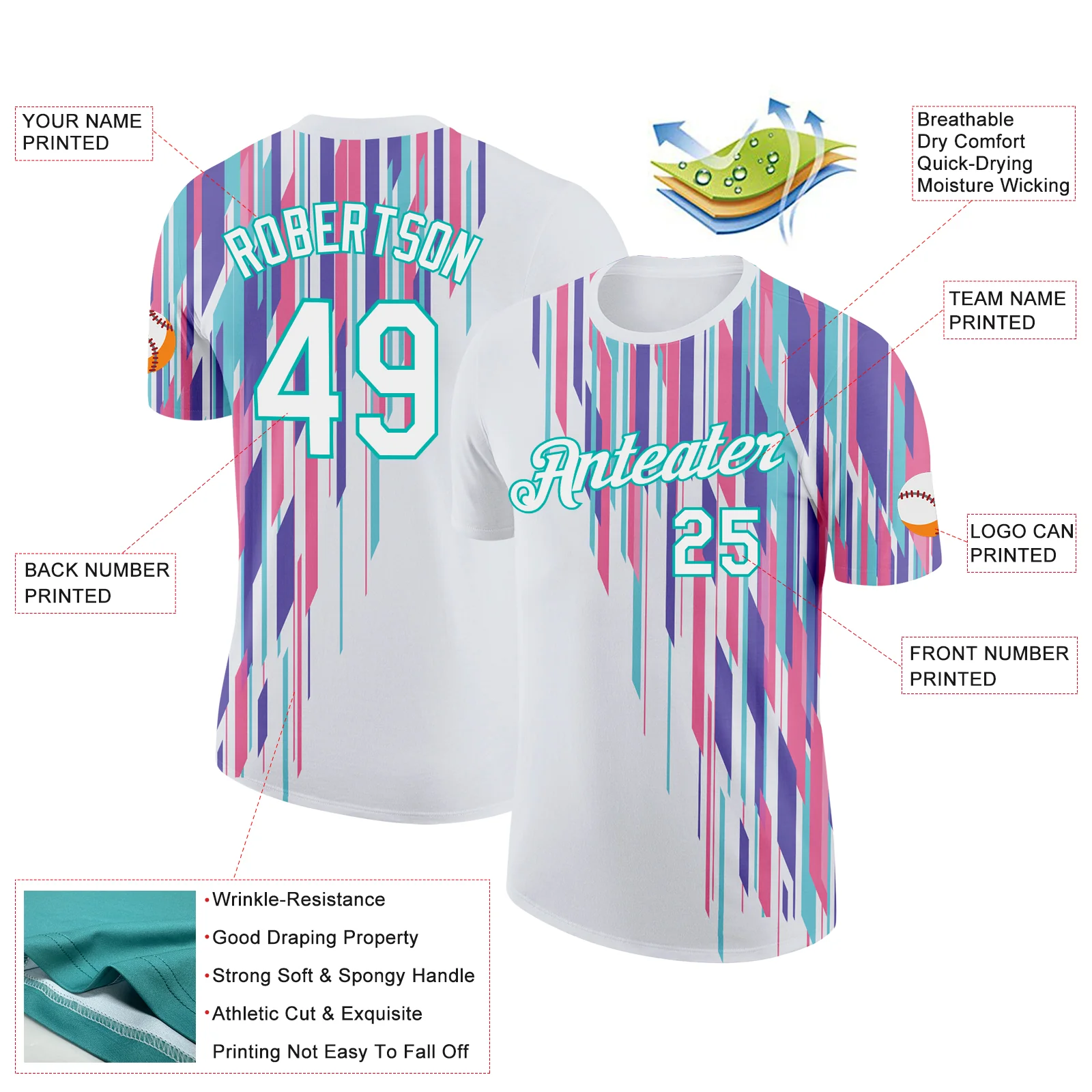 Custom White Aqua 3D Pattern Design Stripe Sportswear Performance T-Shirt - Image 2