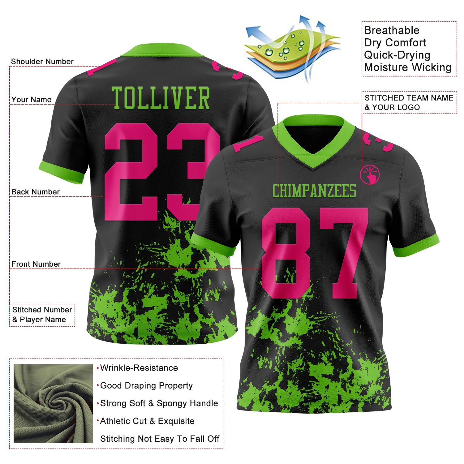 Custom Black Hot Pink-Aurora Green 3D Pattern Splash Authentic Football Jersey - Image 3