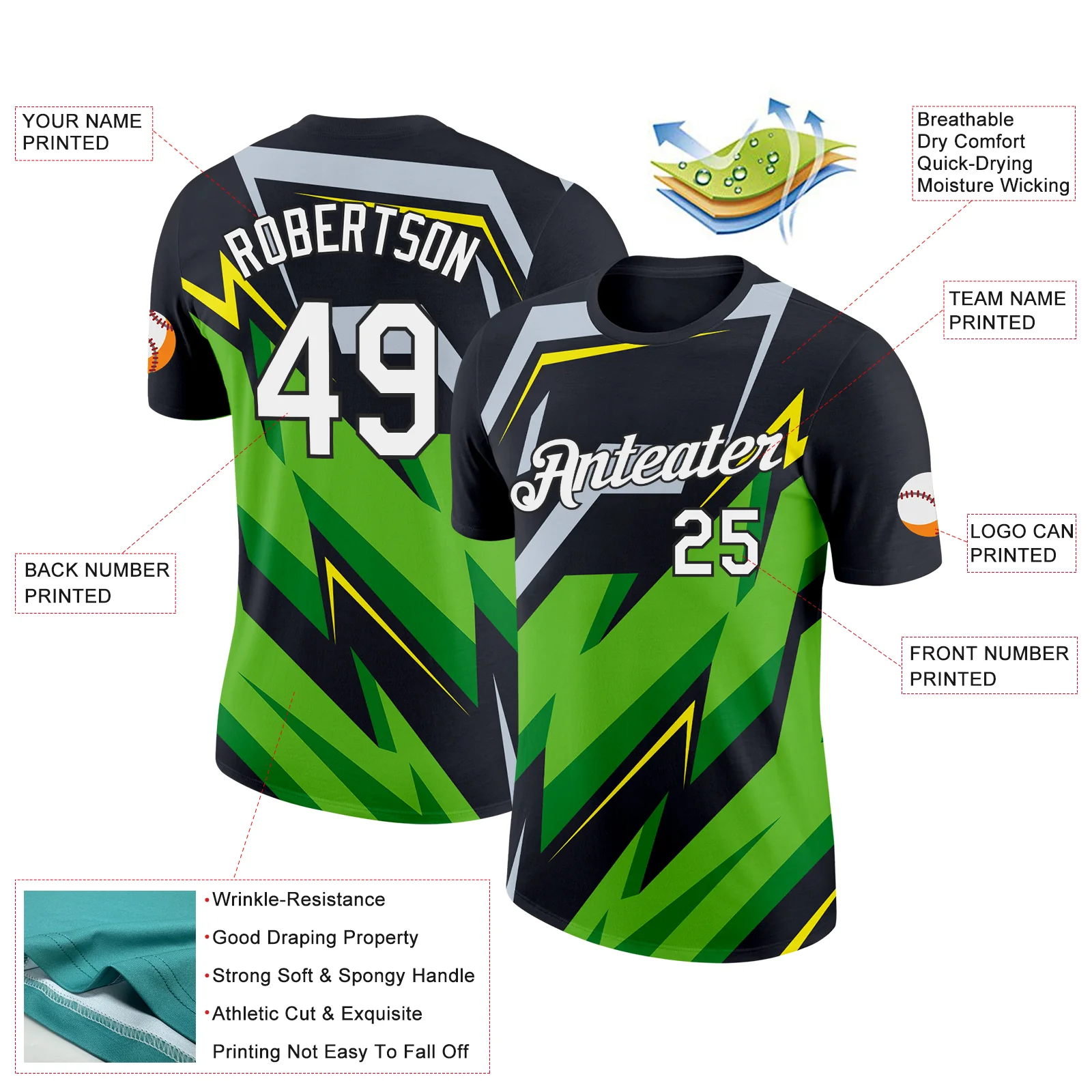 Custom Black Aurora Green Silver-Light Yellow 3D Esports Performance T-Shirt - Image 2