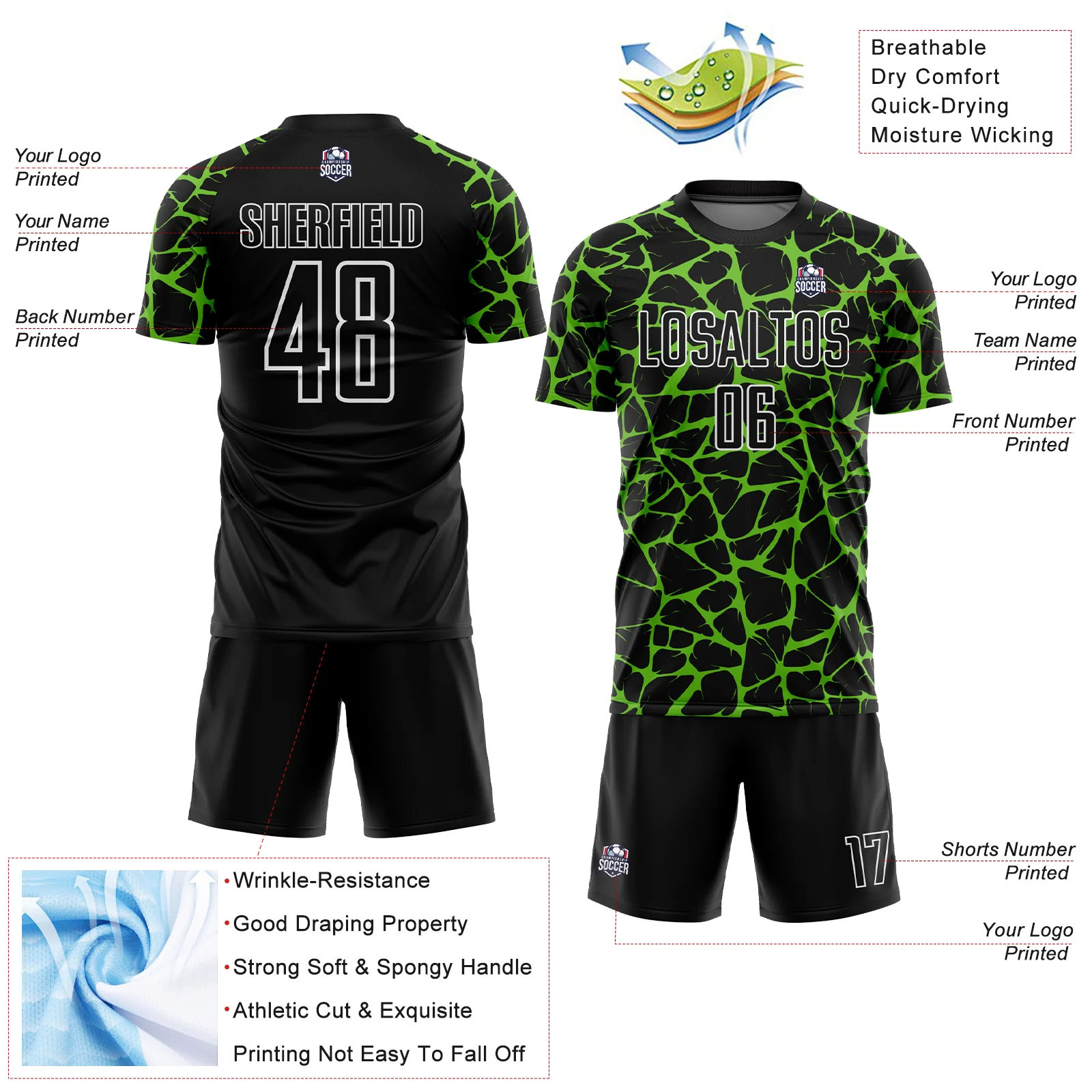 Custom Black Aurora Green-White Abstract Network Splash Sublimation Soccer Uniform Jersey - Image 4