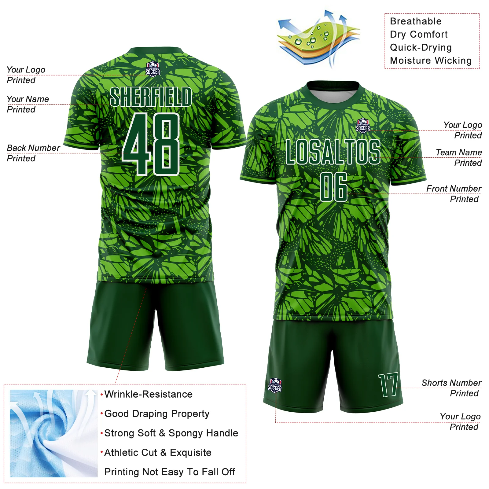 Custom Green Aurora Green-White Colombia Butterfly Wings Pattern Sublimation Soccer Uniform Jersey - Image 4