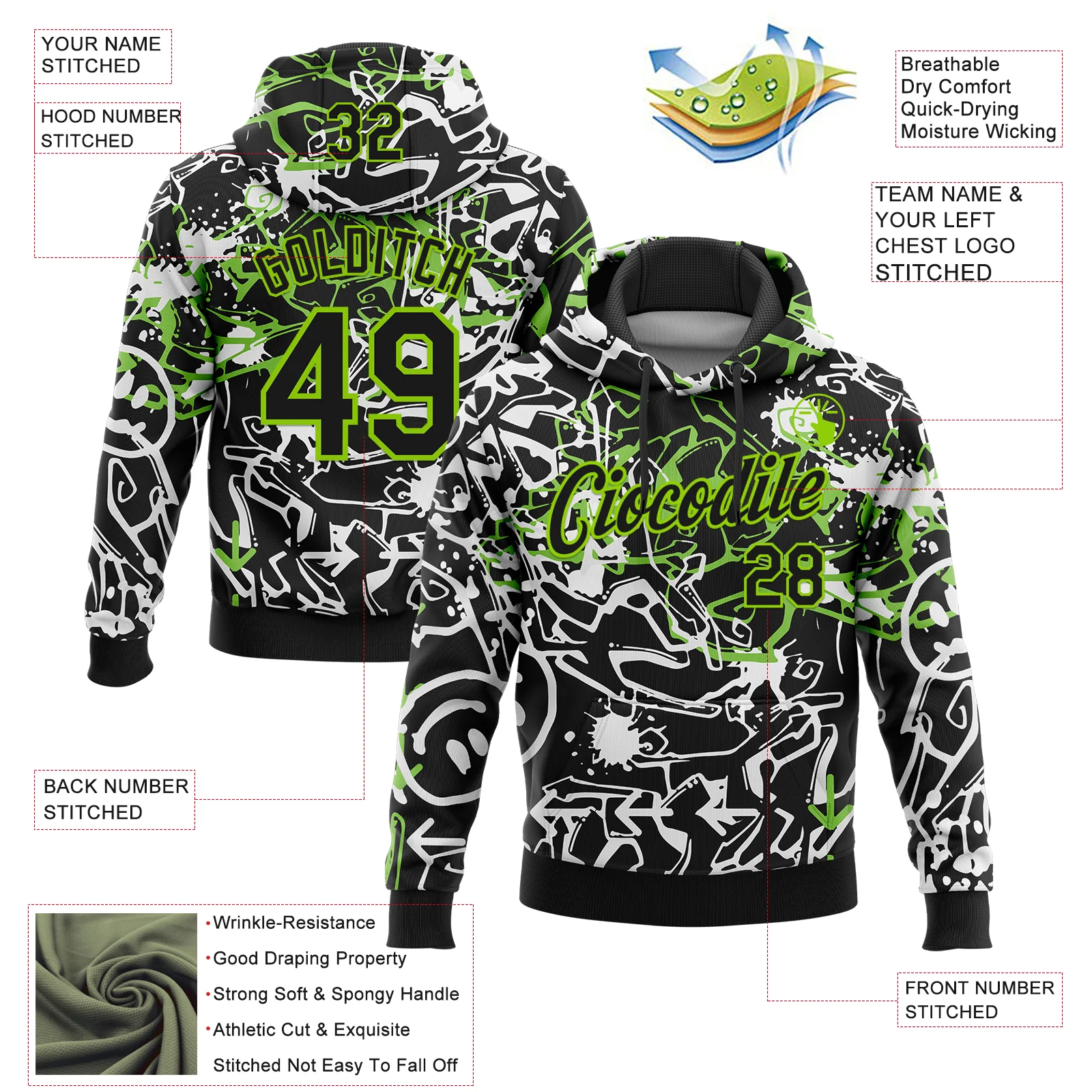 Custom Stitched Graffiti Pattern Black-Aurora Green 3D Abstract Grunge Art Sports Pullover Sweatshirt Hoodie - Image 2