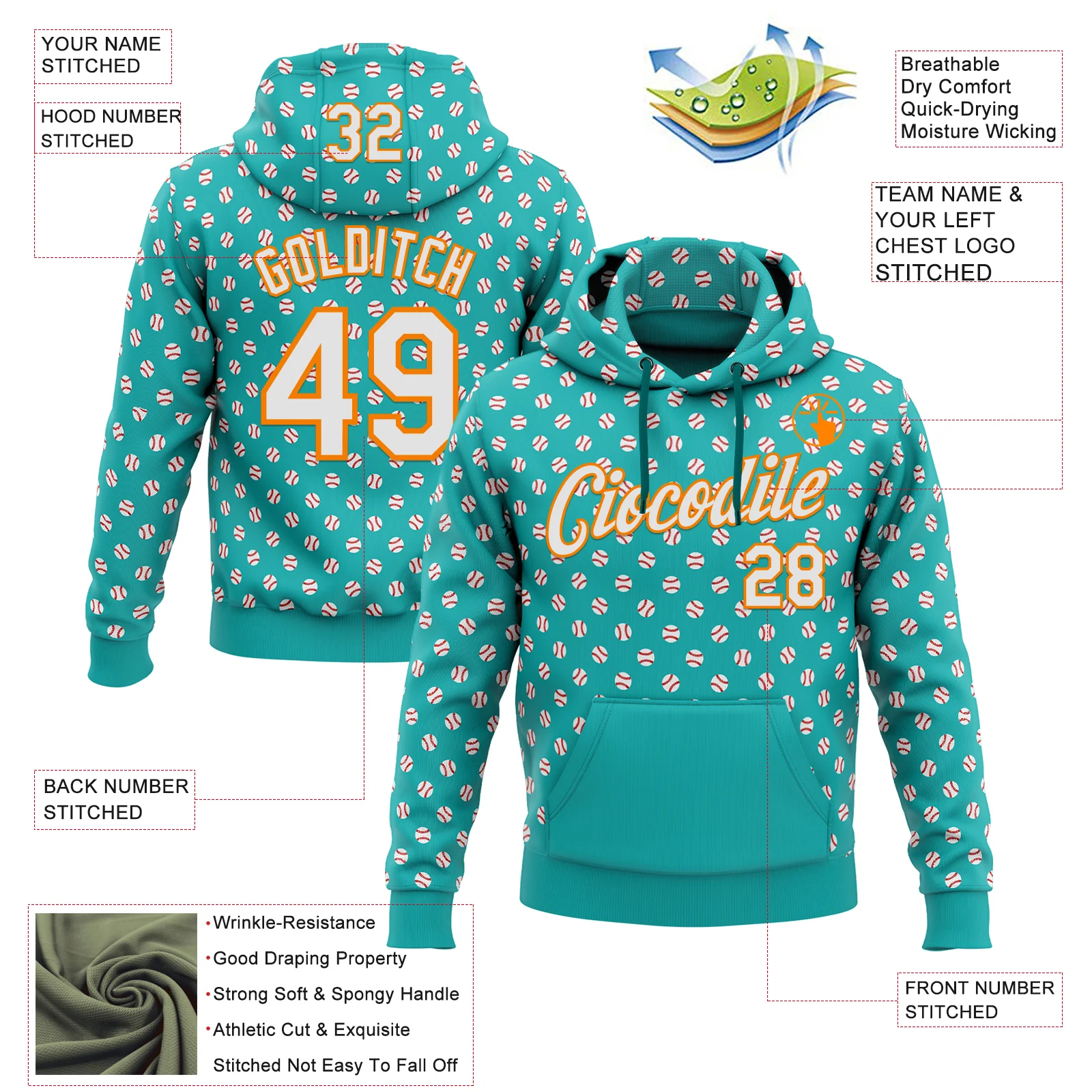 Custom Stitched Aqua White-Bay Orange Baseball Game Day Miami Inspired Sports Pullover Sweatshirt Hoodie - Image 4