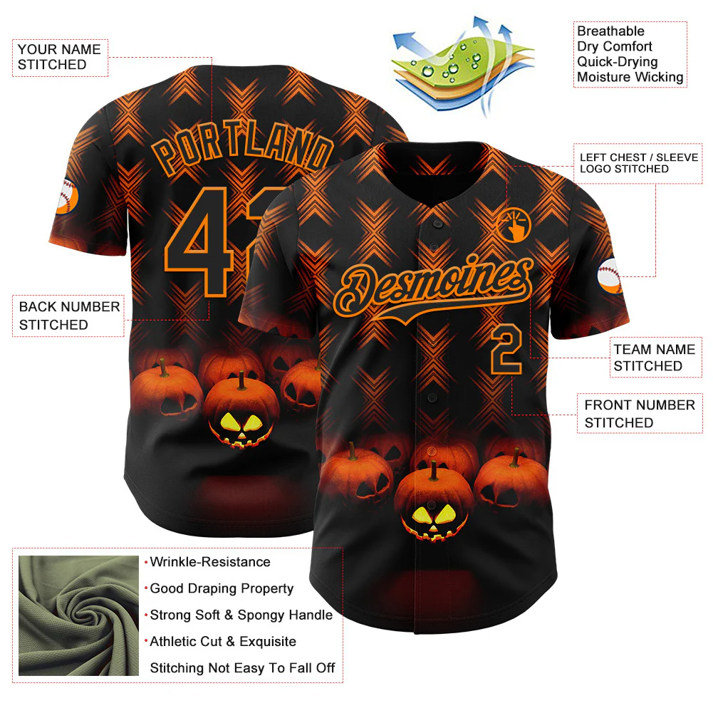 Custom Black Bay Orange 3D Halloween Spooky Pumpkin Stripe Authentic Baseball Jersey - Image 3