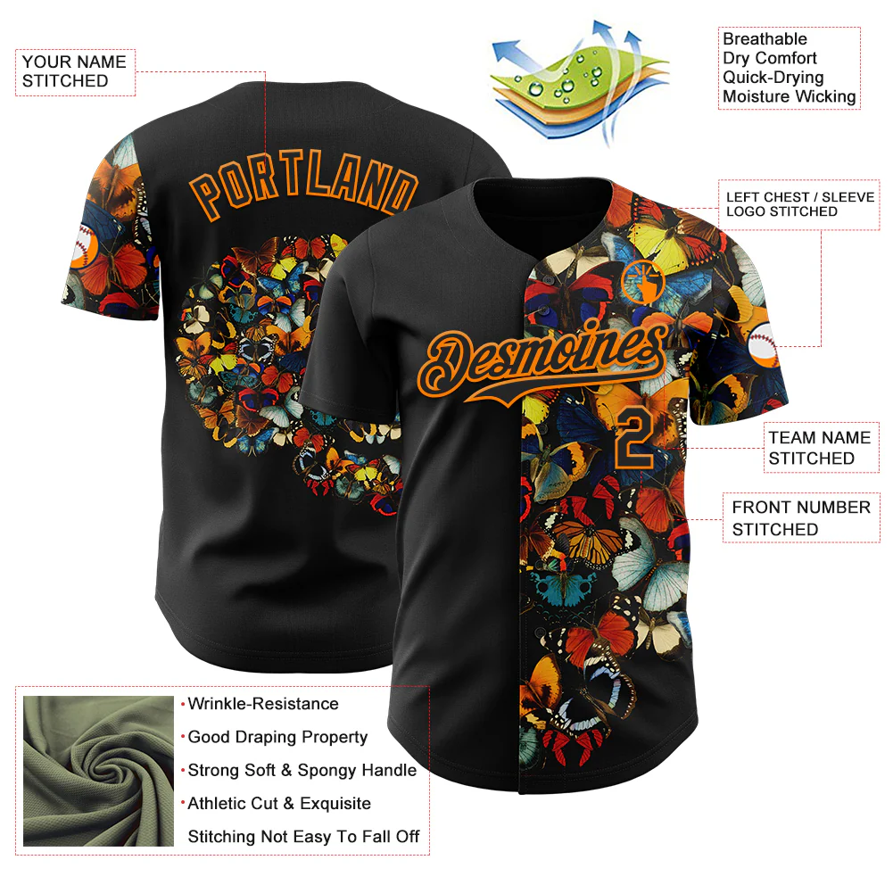 Custom Black Black-Bay Orange 3D Tobe Fonseca Butterfly Skull Collage Authentic Baseball Jersey - Image 3