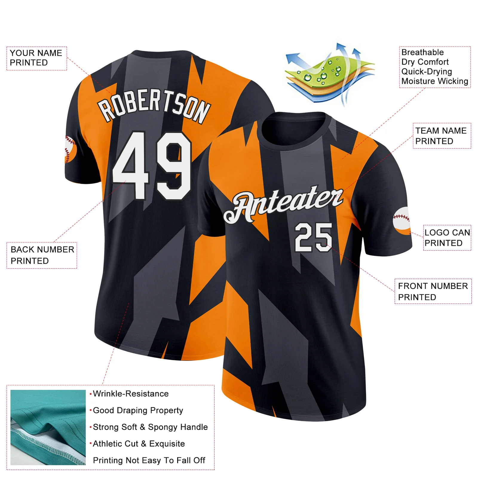 Custom Black Bay Orange-Steel Gray 3D Esports Performance T-Shirt - Image 2