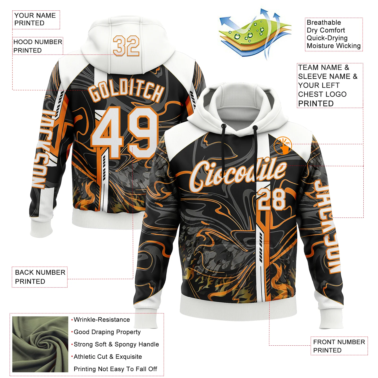 Custom Black White-Bay Orange 3D Abstract Flame Sports Pullover Sweatshirt Hoodie - Image 2