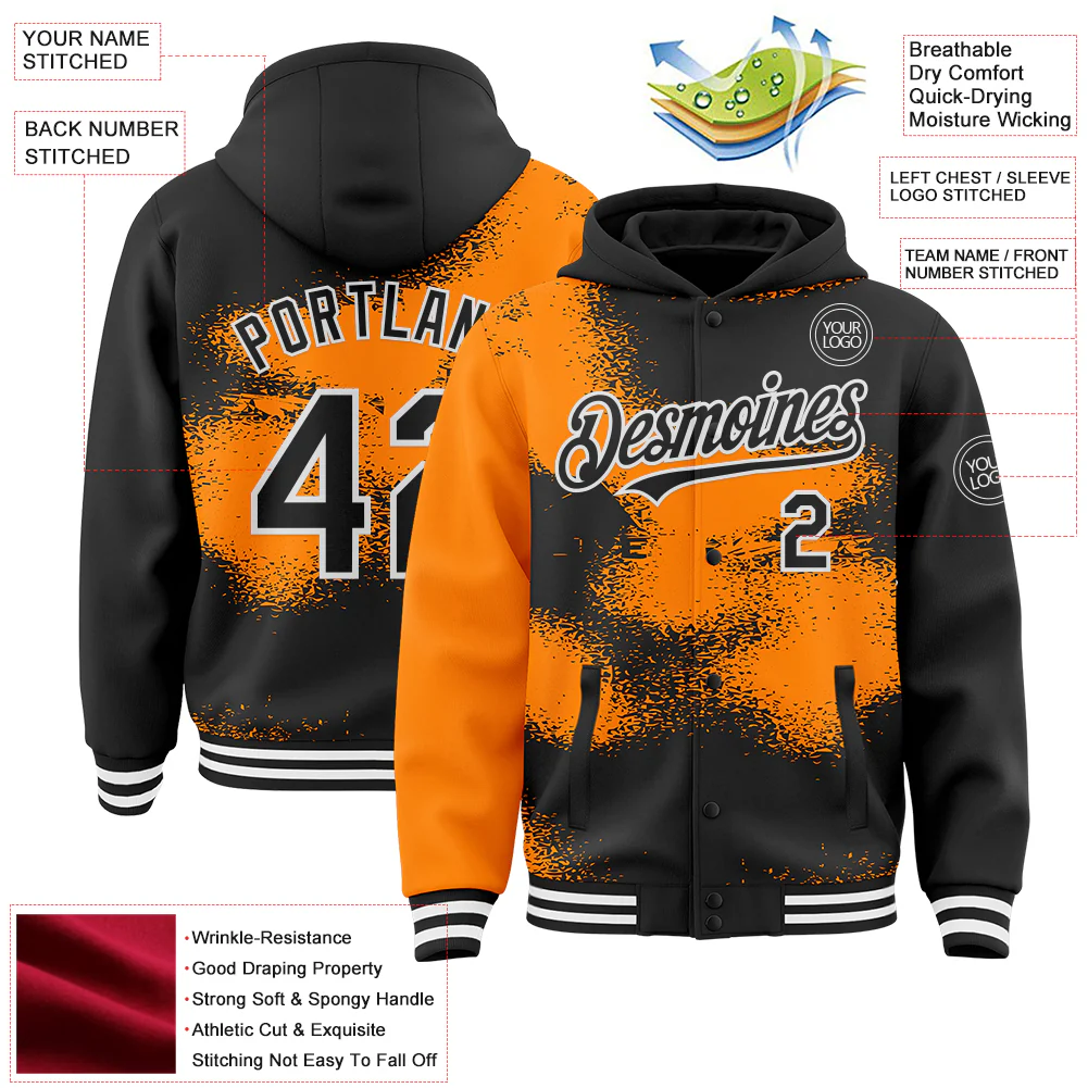 Custom Black Bay Orange-White Abstract Color Blocks Fragment Pattern Bomber Full-Snap Varsity Letterman Hoodie Jacket - Image 4