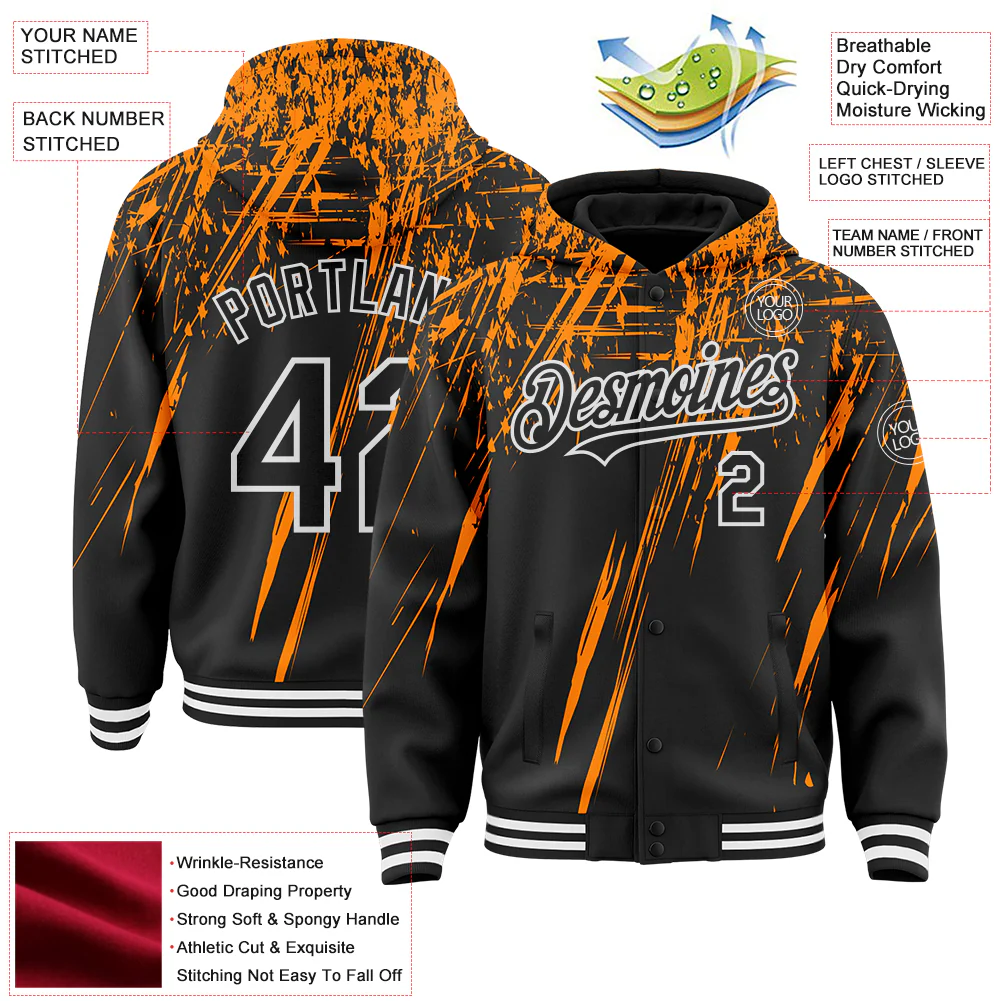 Custom Black Bay Orange-White Splash Bomber Full-Snap Varsity Letterman Hoodie Jacket - Image 4