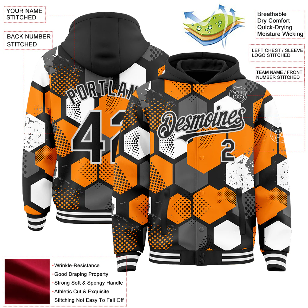 Custom Black Bay Orange-White Geometric Shape Bomber Full-Snap Varsity Letterman Hoodie Jacket - Image 4