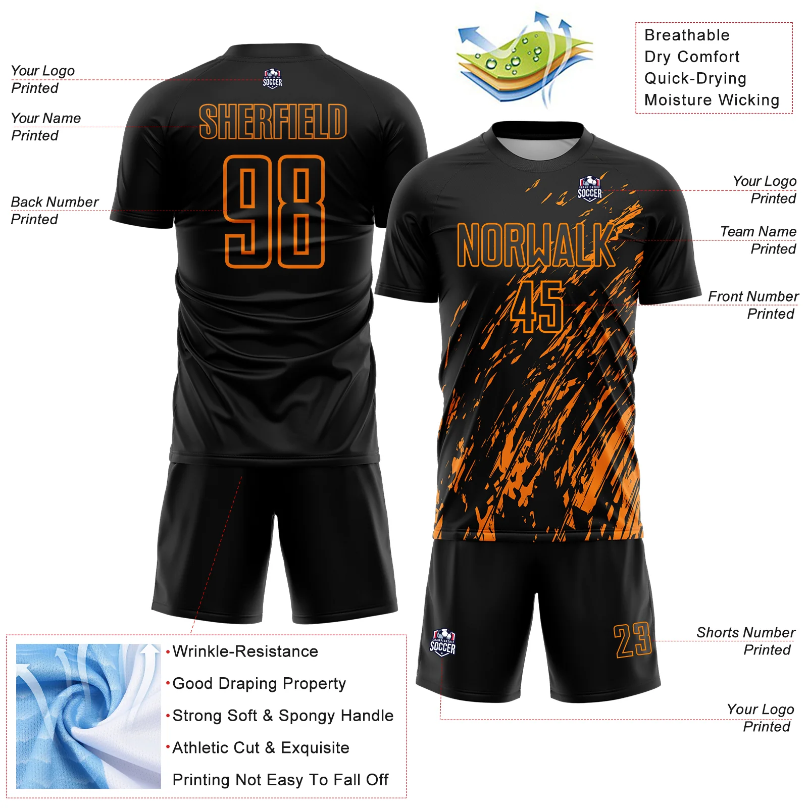 Custom Black Bay Orange Splash Sublimation Soccer Uniform Jersey - Image 4