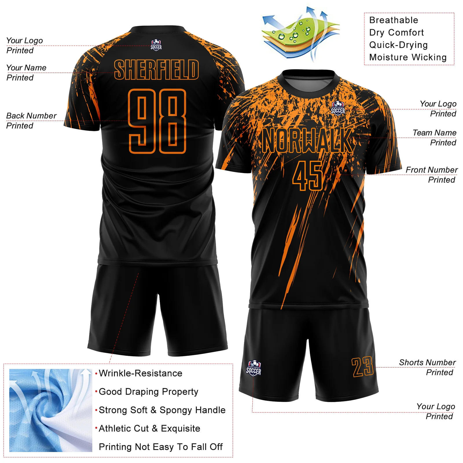 Custom Black Bay Orange Splash Sports Sublimation Soccer Uniform Jersey - Image 4