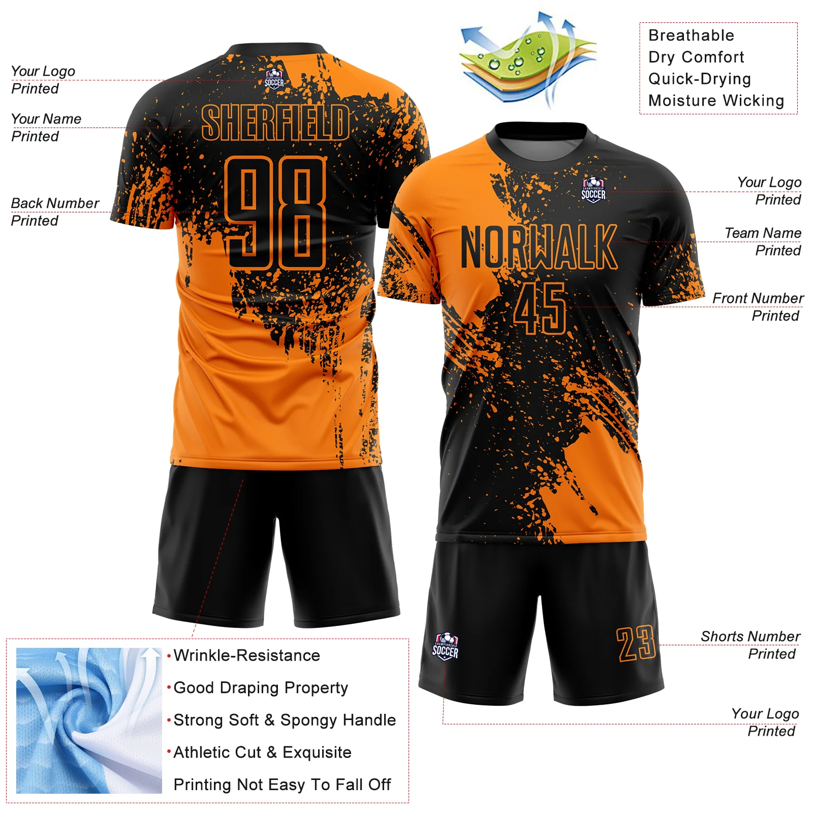 Custom Black Bay Orange Abstract Brush Stroke Sports Sublimation Soccer Uniform Jersey - Image 4