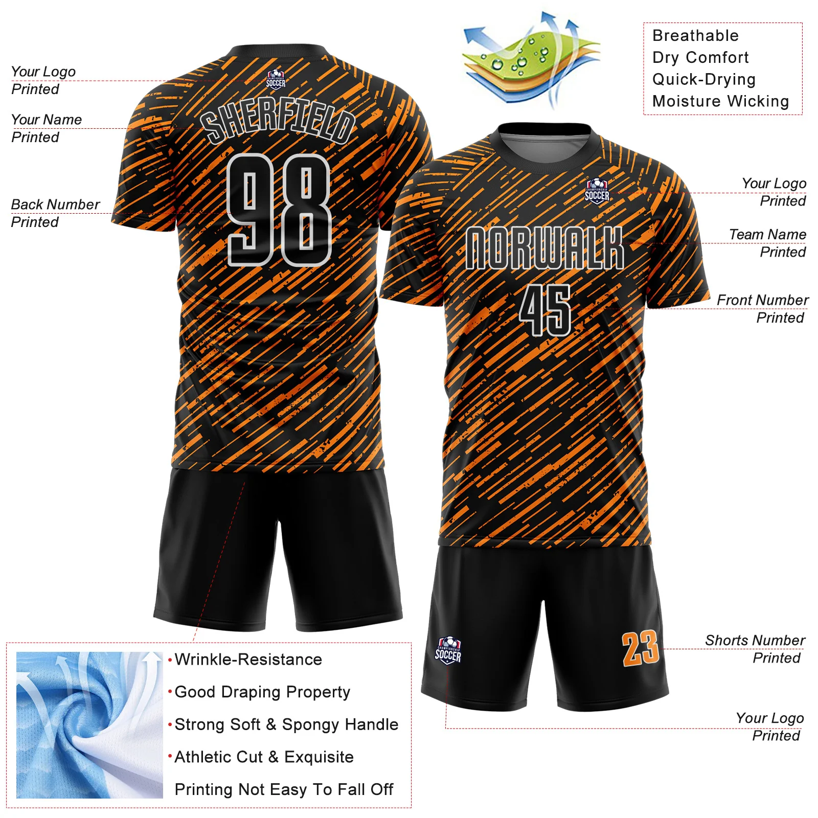 Custom Black Bay Orange-White Line Sports Sublimation Soccer Uniform Jersey - Image 4