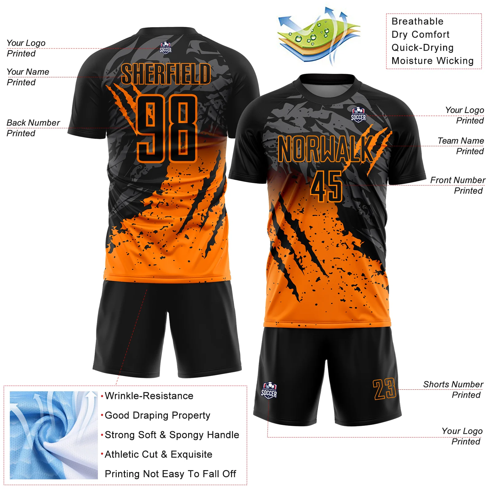 Custom Black Bay Orange Gradient Claw Mark Splatter Sports Sublimation Soccer Uniform Jersey - Image 4