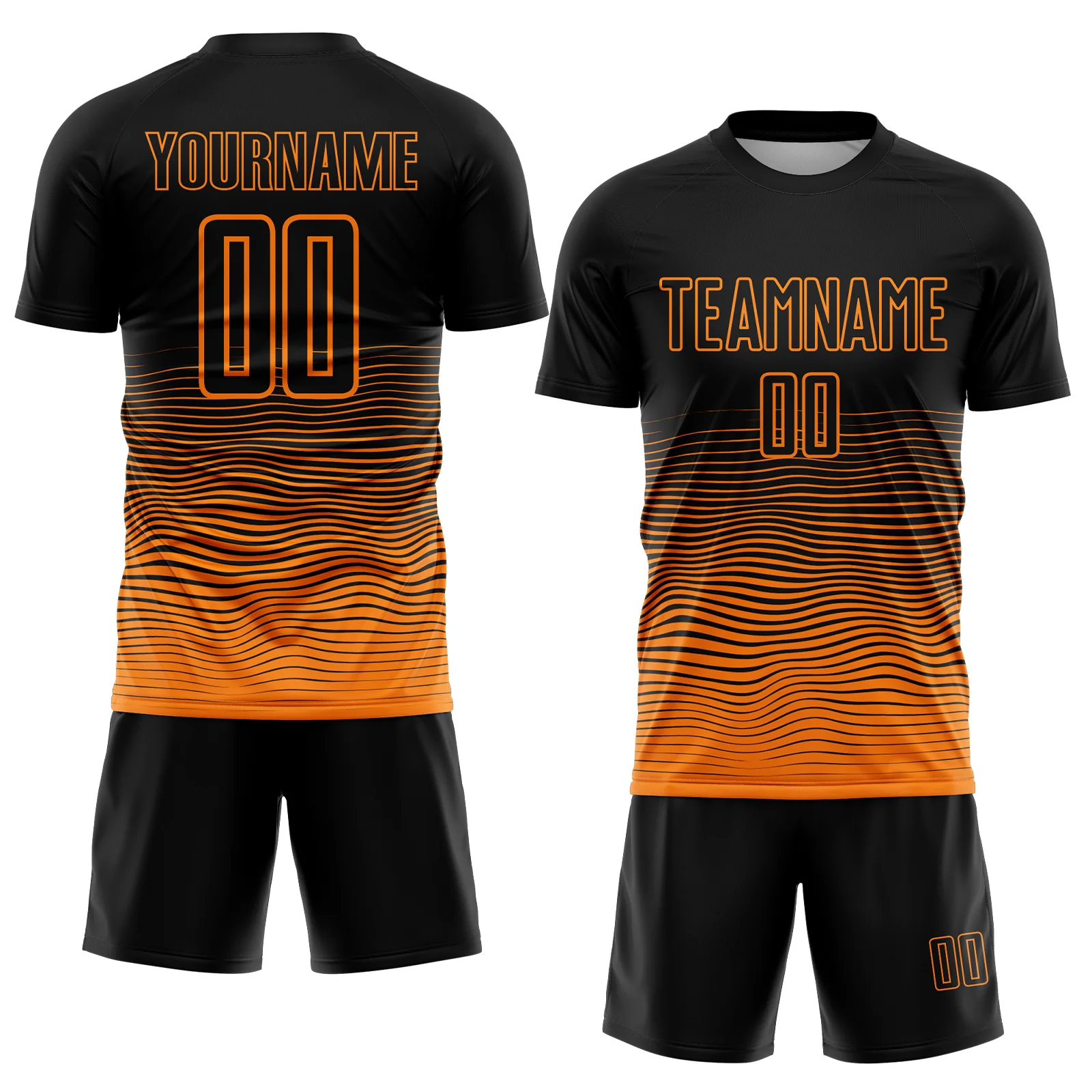 Custom Black Bay Orange Gradient Wave Line Sports Sublimation Soccer Uniform Jersey - Image 2