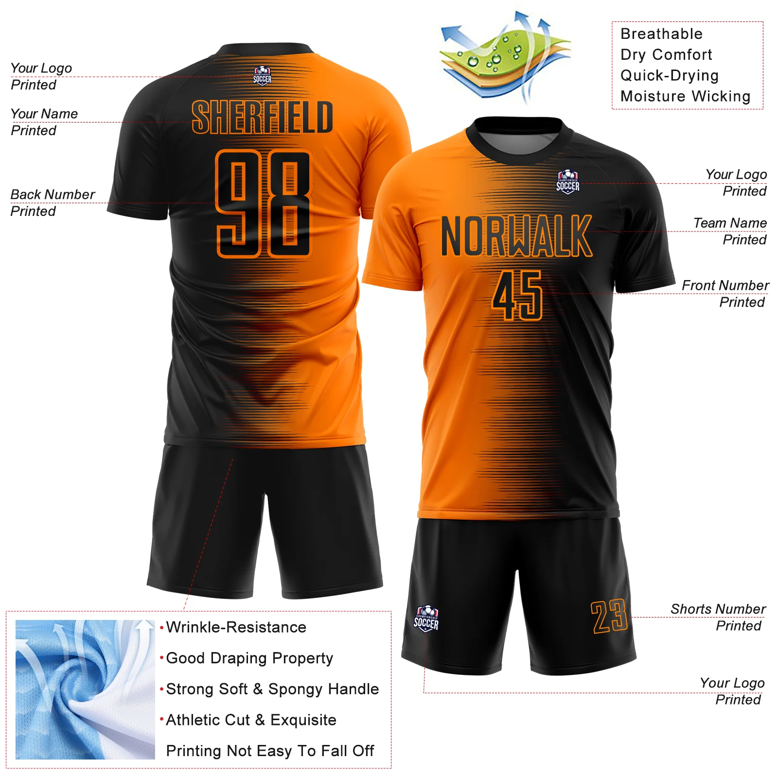 Custom Black Bay Orange Gradient Line Sublimation Soccer Uniform Jersey - Image 4