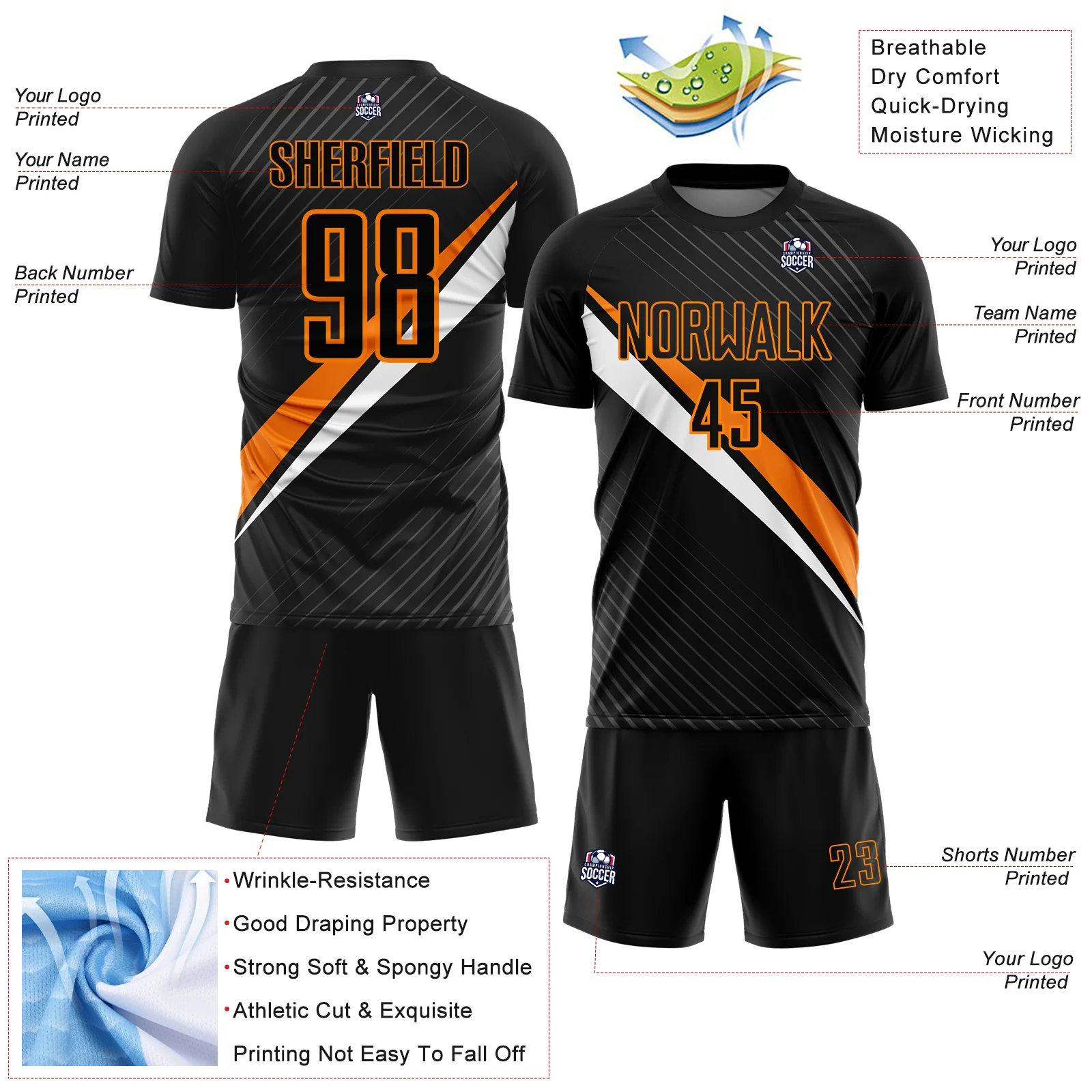 Custom Black Bay Orange-White Diagonal Stripes Sports Sublimation Soccer Uniform Jersey - Image 4