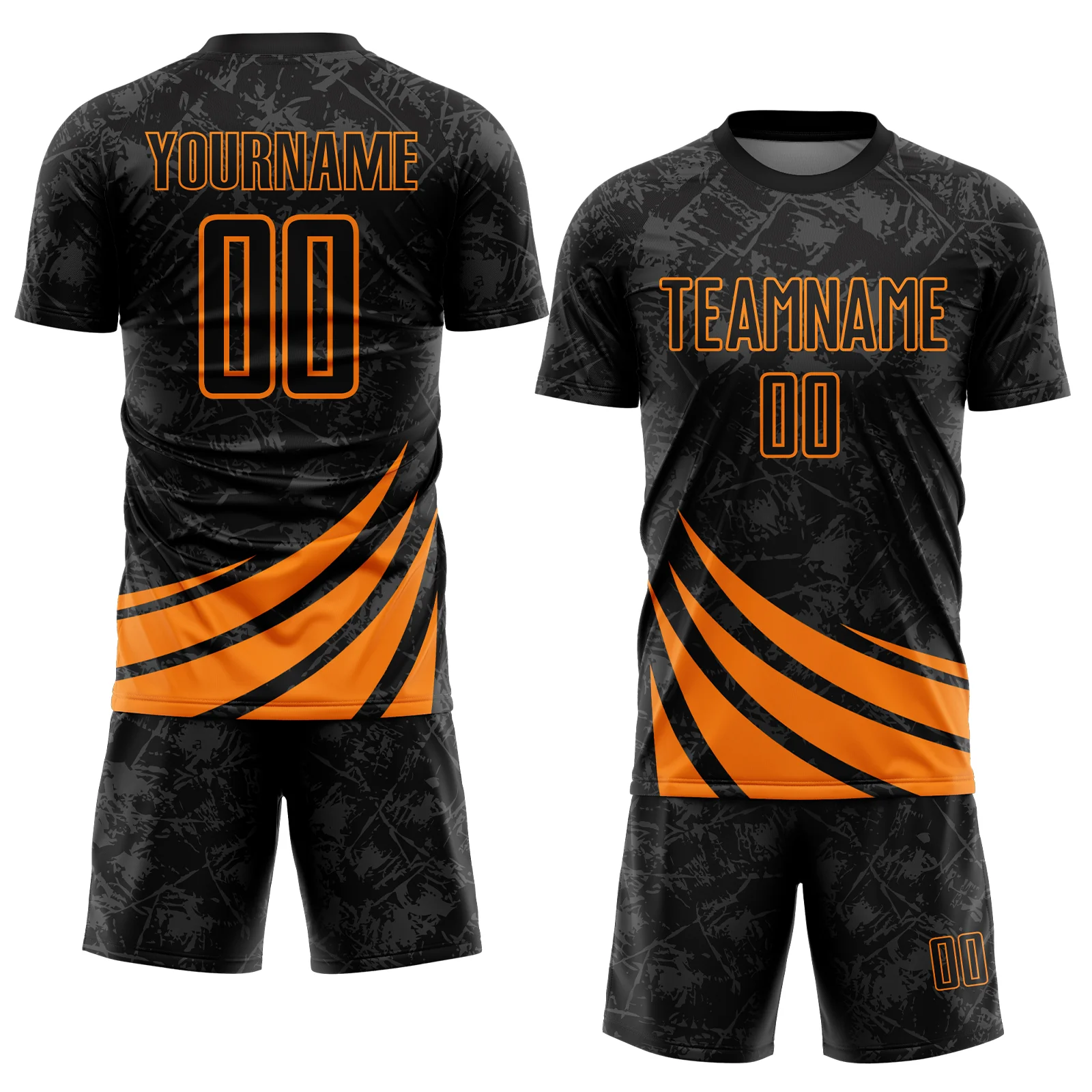 Custom Black Bay Orange Distressed Diagonal Stripes Wind Shapes Sports Sublimation Soccer Uniform Jersey - Image 2