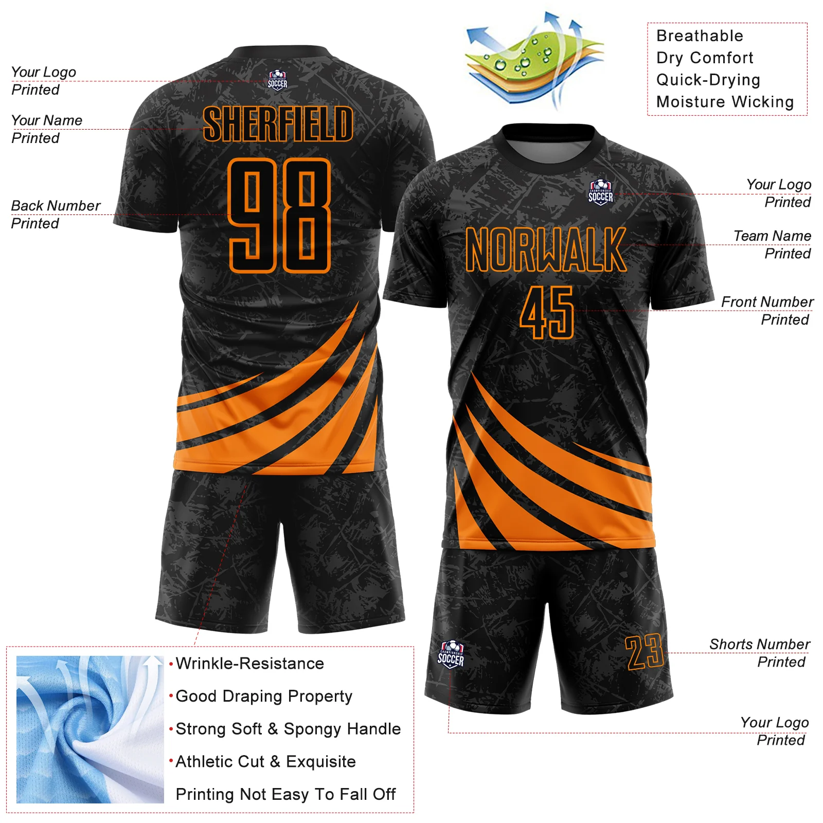 Custom Black Bay Orange Distressed Diagonal Stripes Wind Shapes Sports Sublimation Soccer Uniform Jersey - Image 4