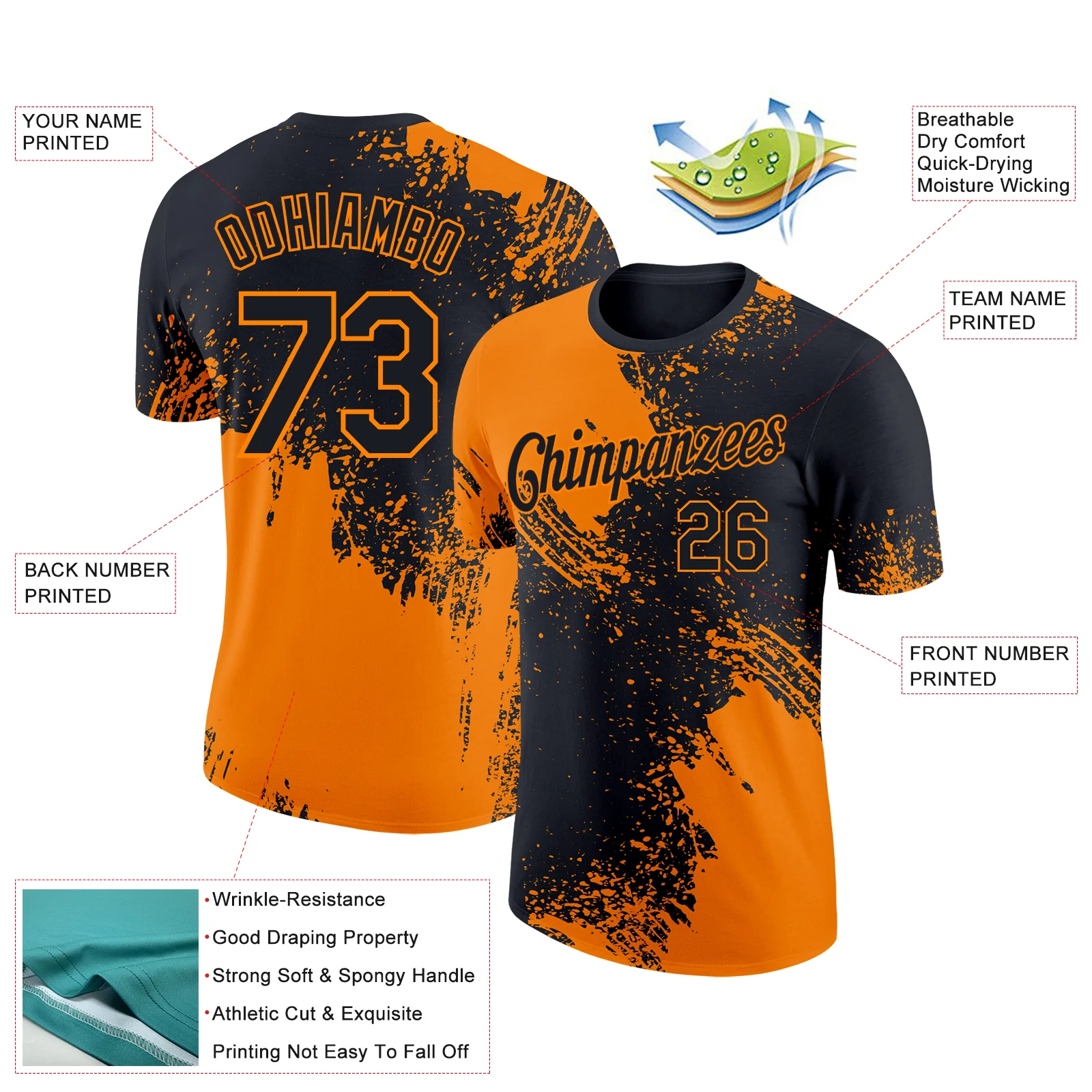 Custom Black Bay Orange 3D Pattern Design Abstract Brush Stroke Performance T-Shirt - Image 2
