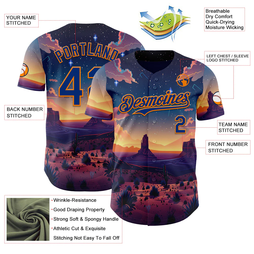 Custom Blue Royal-Bay Orange Texas Sunset Night Landscape City Edition Authentic Baseball Jersey - Image 3